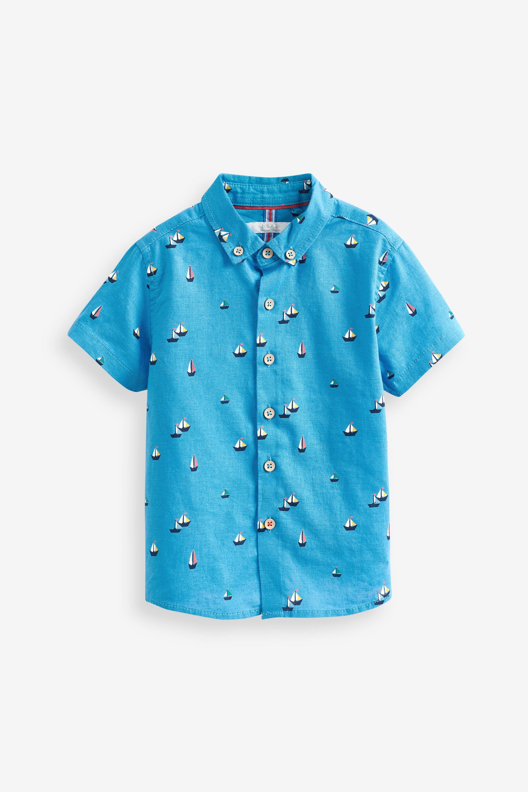 Blue Boat Print Short Sleeve Linen Cotton Shirt (3mths-7yrs)