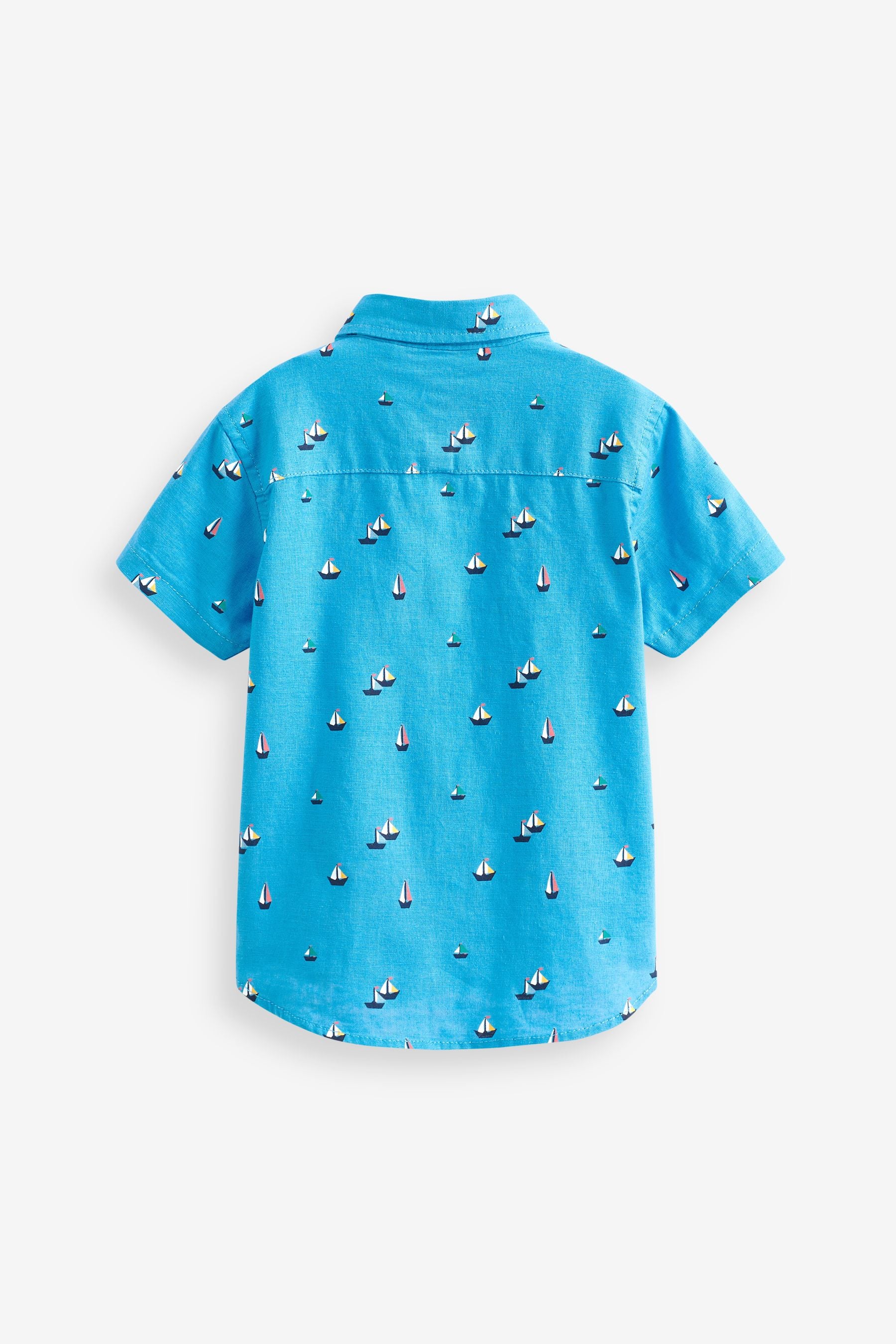 Blue Boat Print Short Sleeve Linen Cotton Shirt (3mths-7yrs)