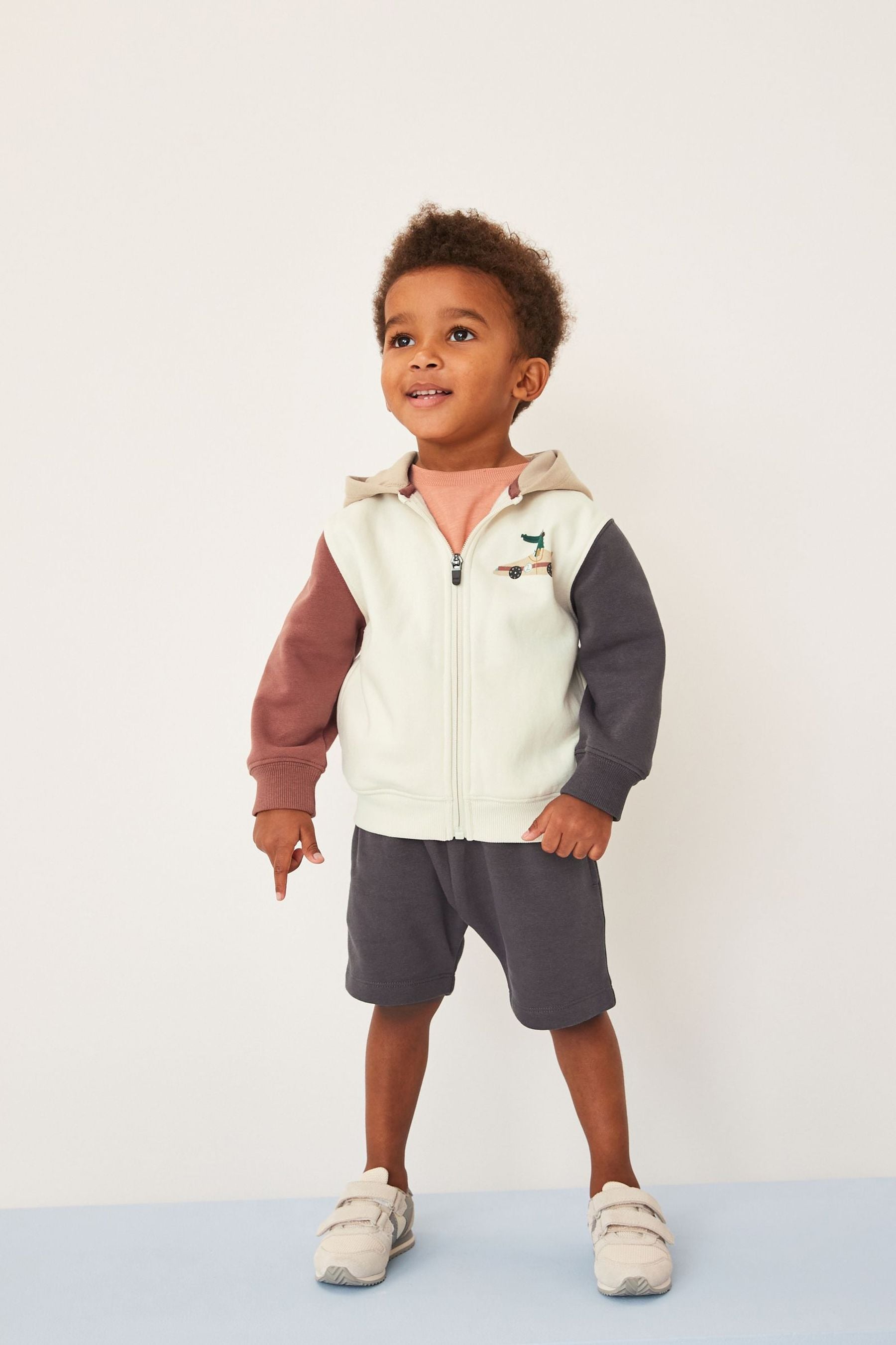 Grey/Red/Tan Colourblock Zip Through Hoodie and Shorts Set (3mths-7yrs)