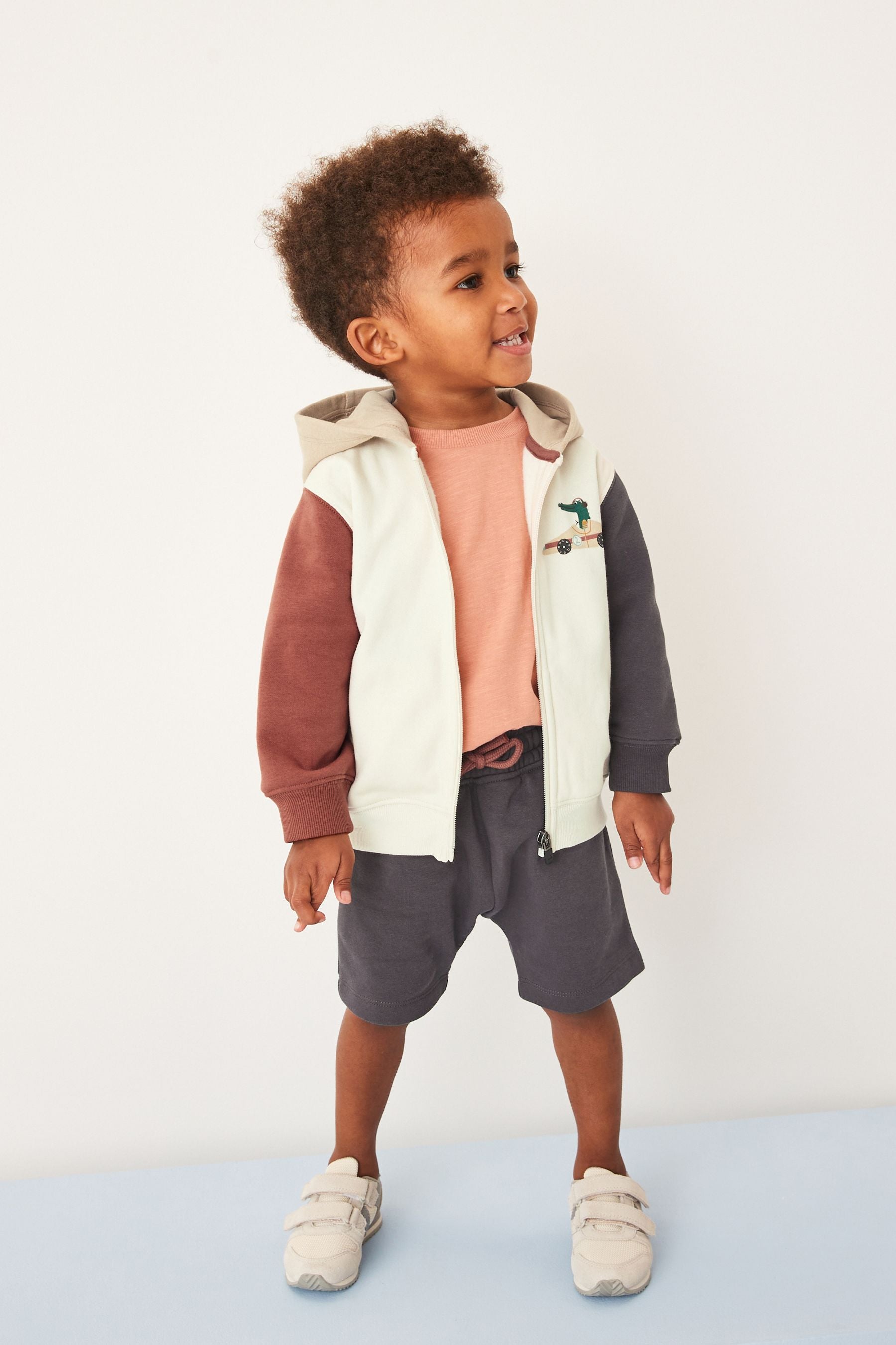 Grey/Red/Tan Colourblock Zip Through Hoodie and Shorts Set (3mths-7yrs)