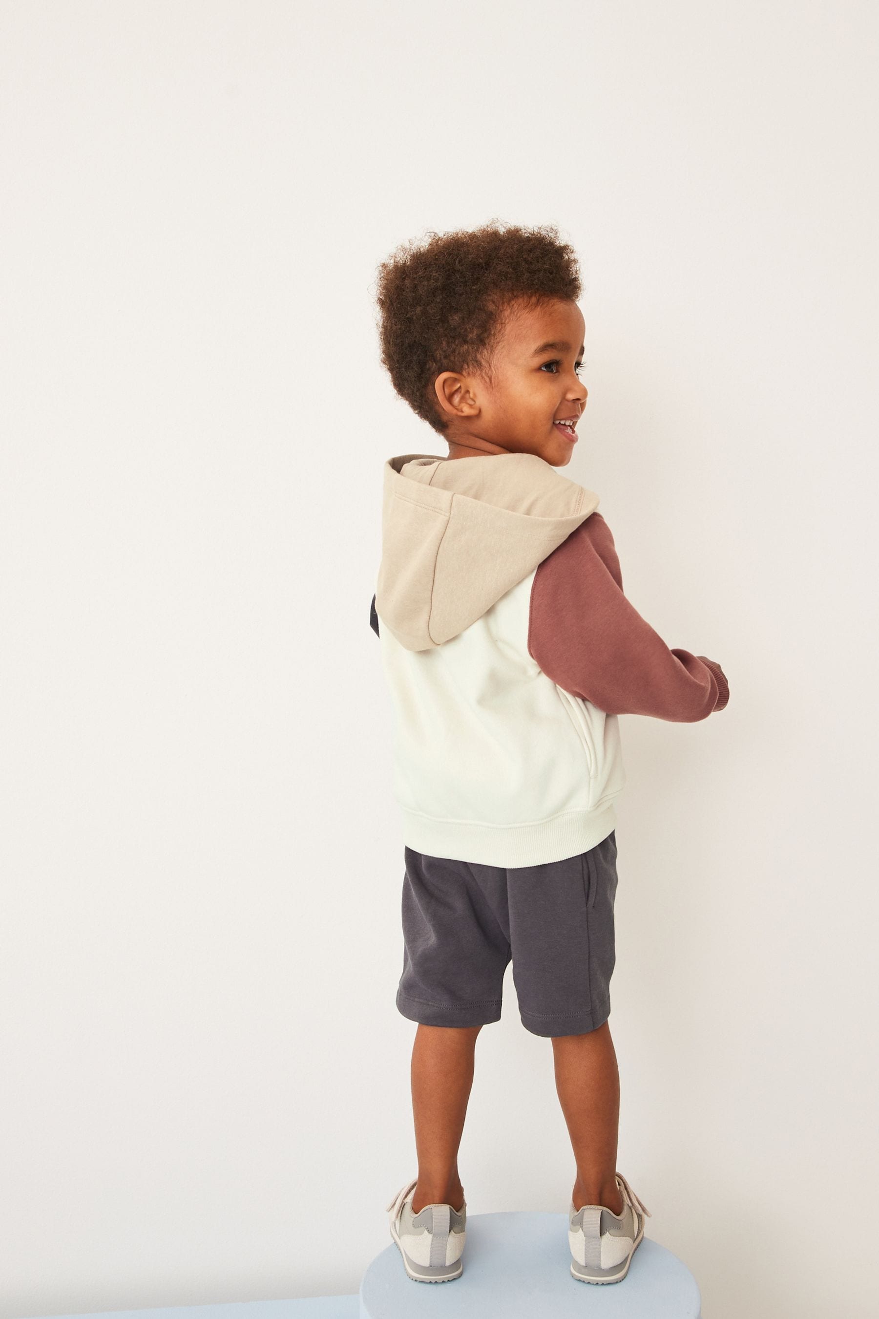 Grey/Red/Tan Colourblock Zip Through Hoodie and Shorts Set (3mths-7yrs)