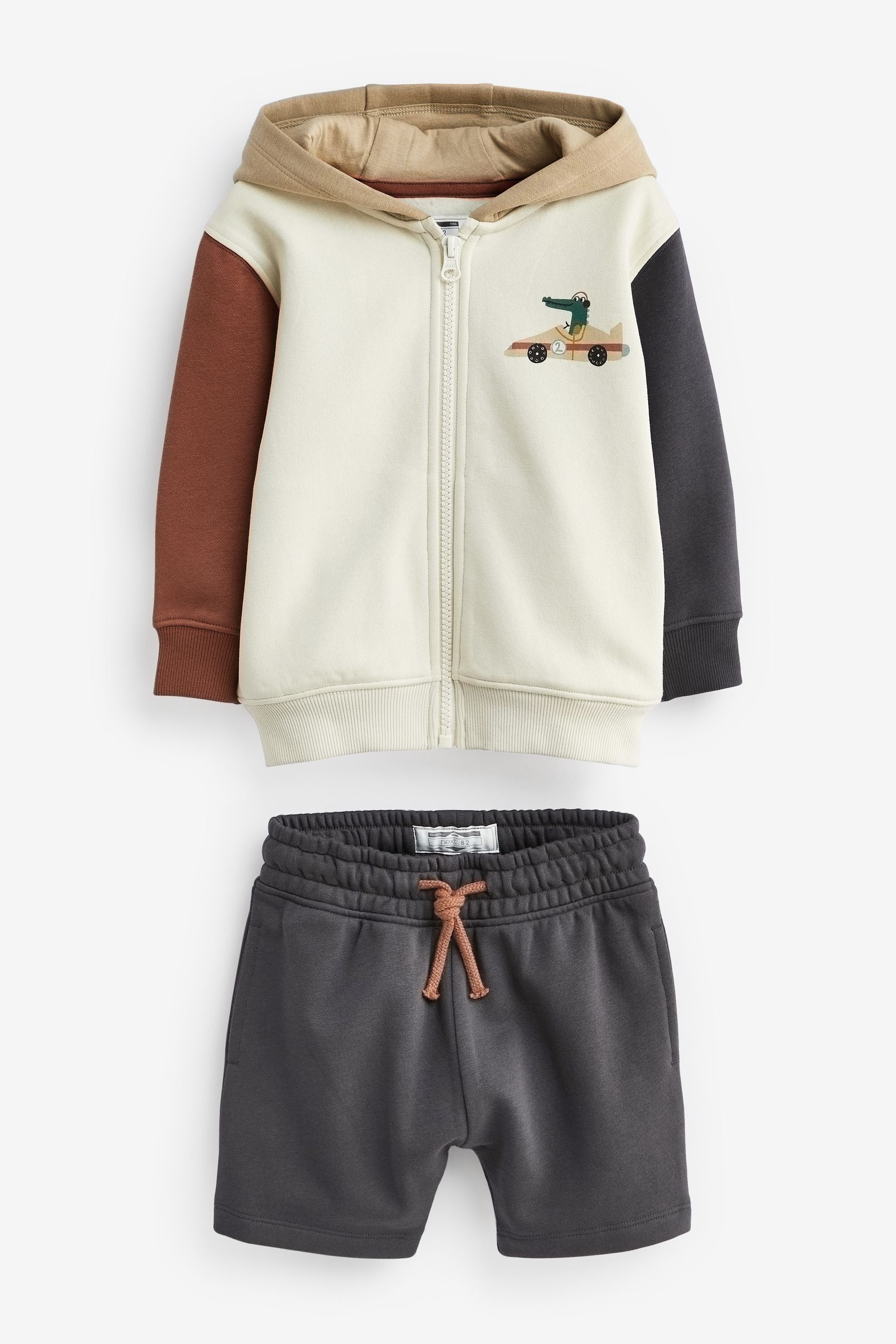 Grey/Red/Tan Colourblock Zip Through Hoodie and Shorts Set (3mths-7yrs)