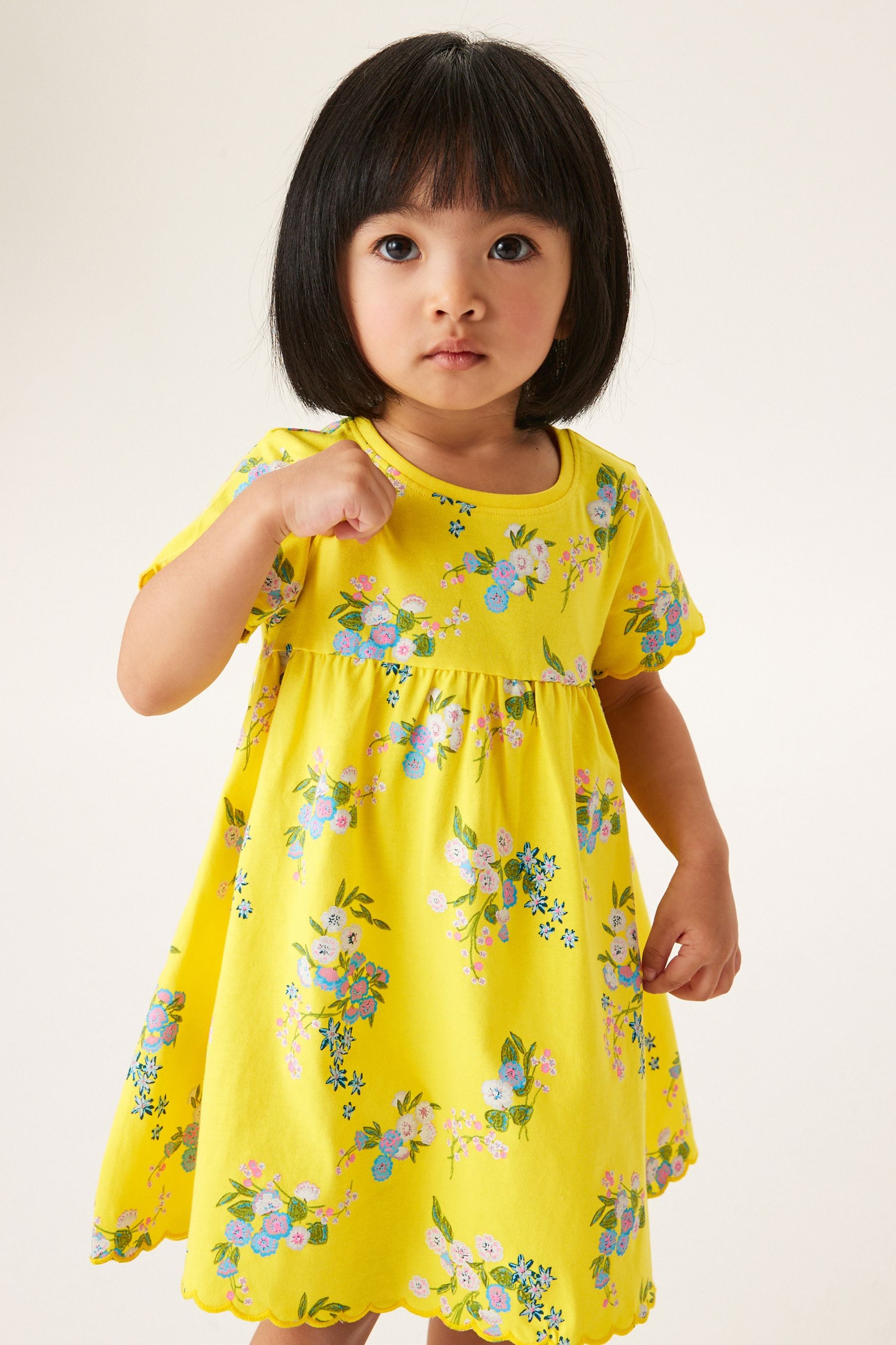 Yellow Floral Short Sleeve Scallop Edge Cotton Jersey Dress (3mths-7yrs)