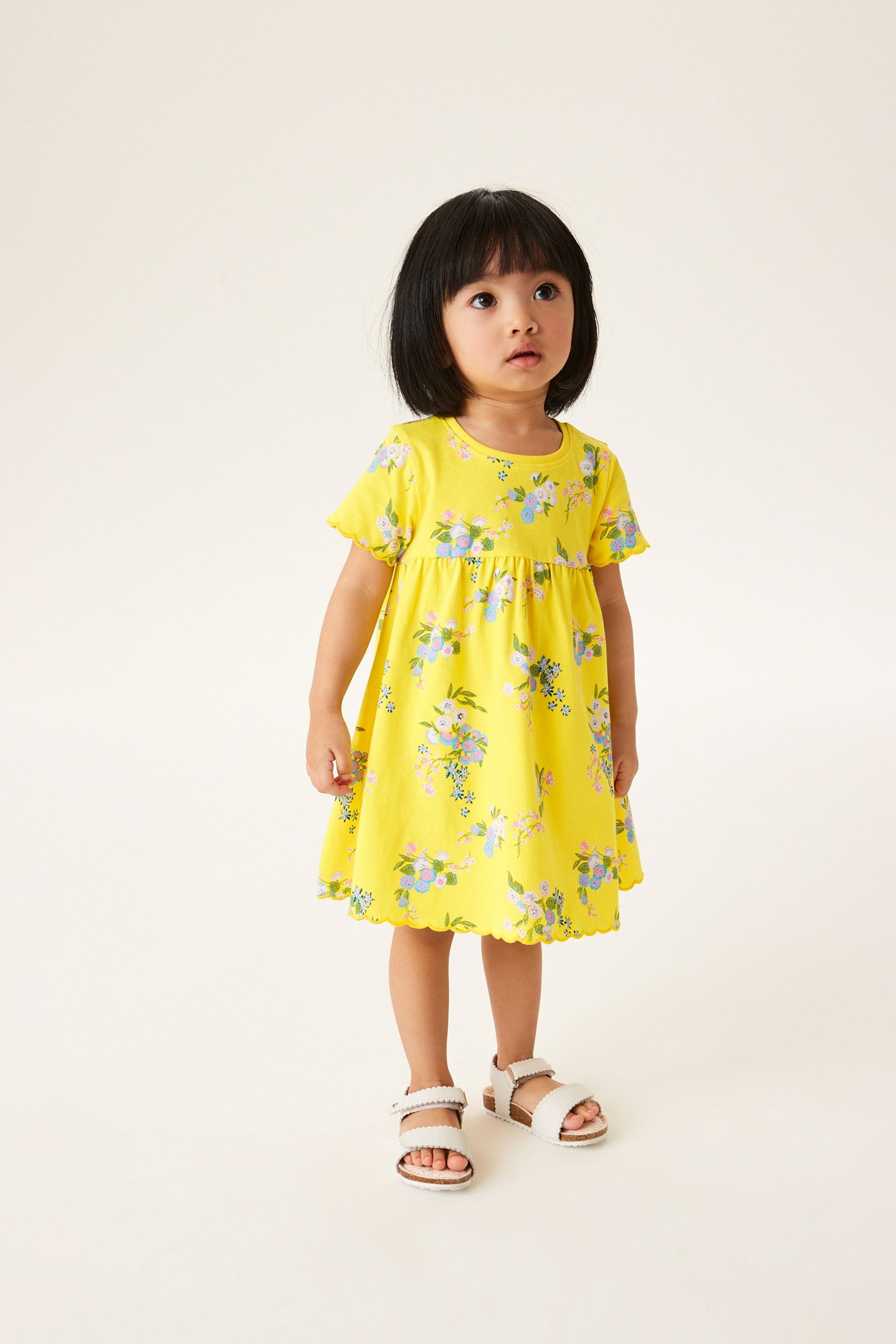 Yellow Floral Short Sleeve Scallop Edge Cotton Jersey Dress (3mths-7yrs)