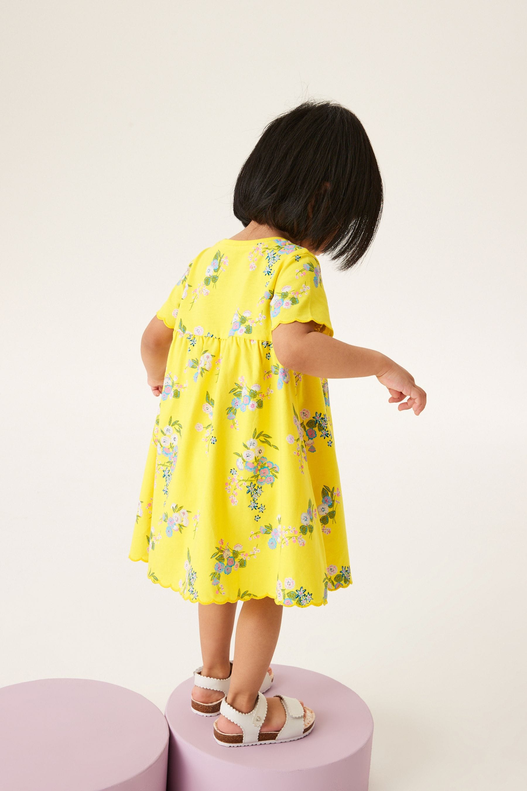 Yellow Floral Short Sleeve Scallop Edge Cotton Jersey Dress (3mths-7yrs)