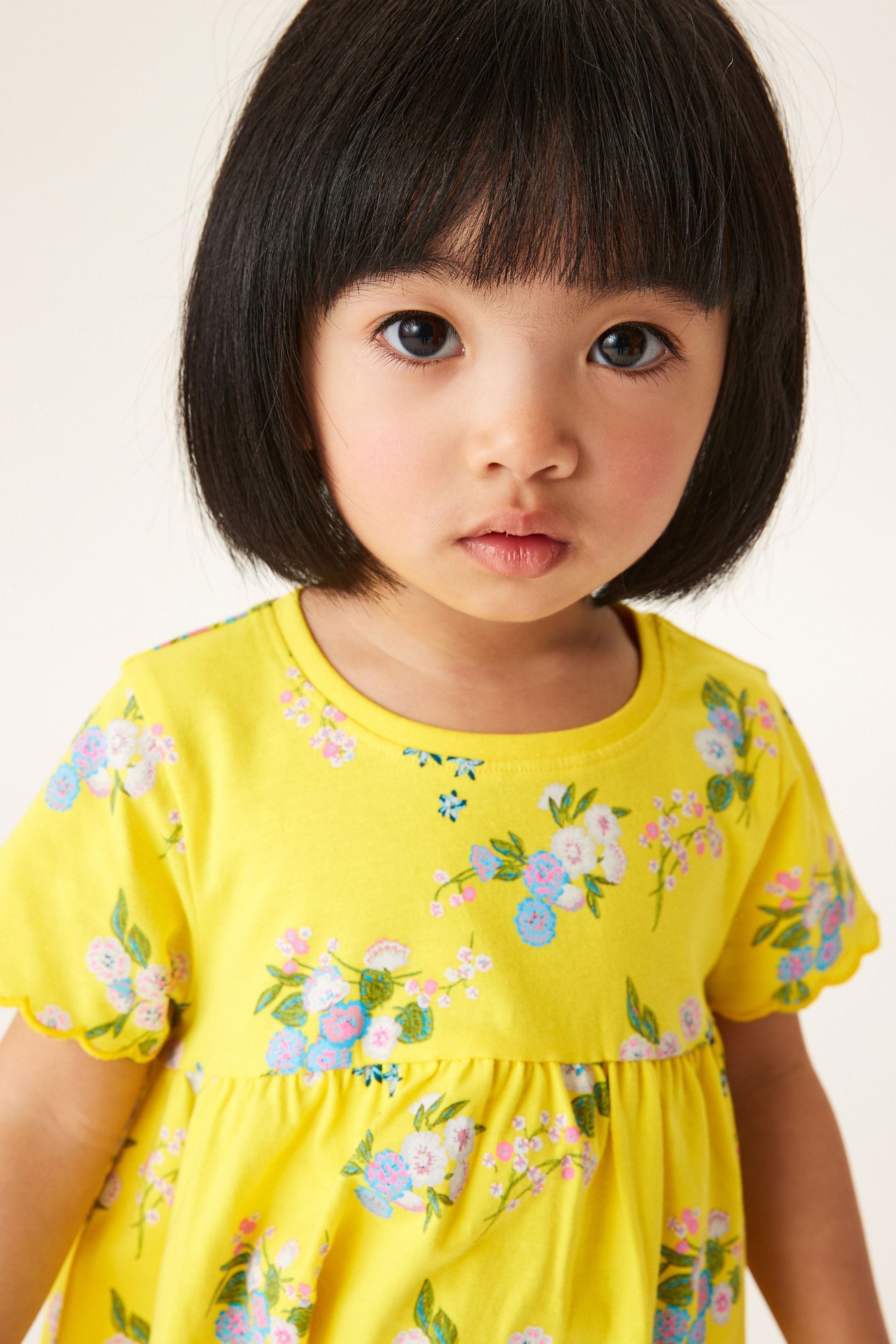 Yellow Floral Short Sleeve Scallop Edge Cotton Jersey Dress (3mths-7yrs)