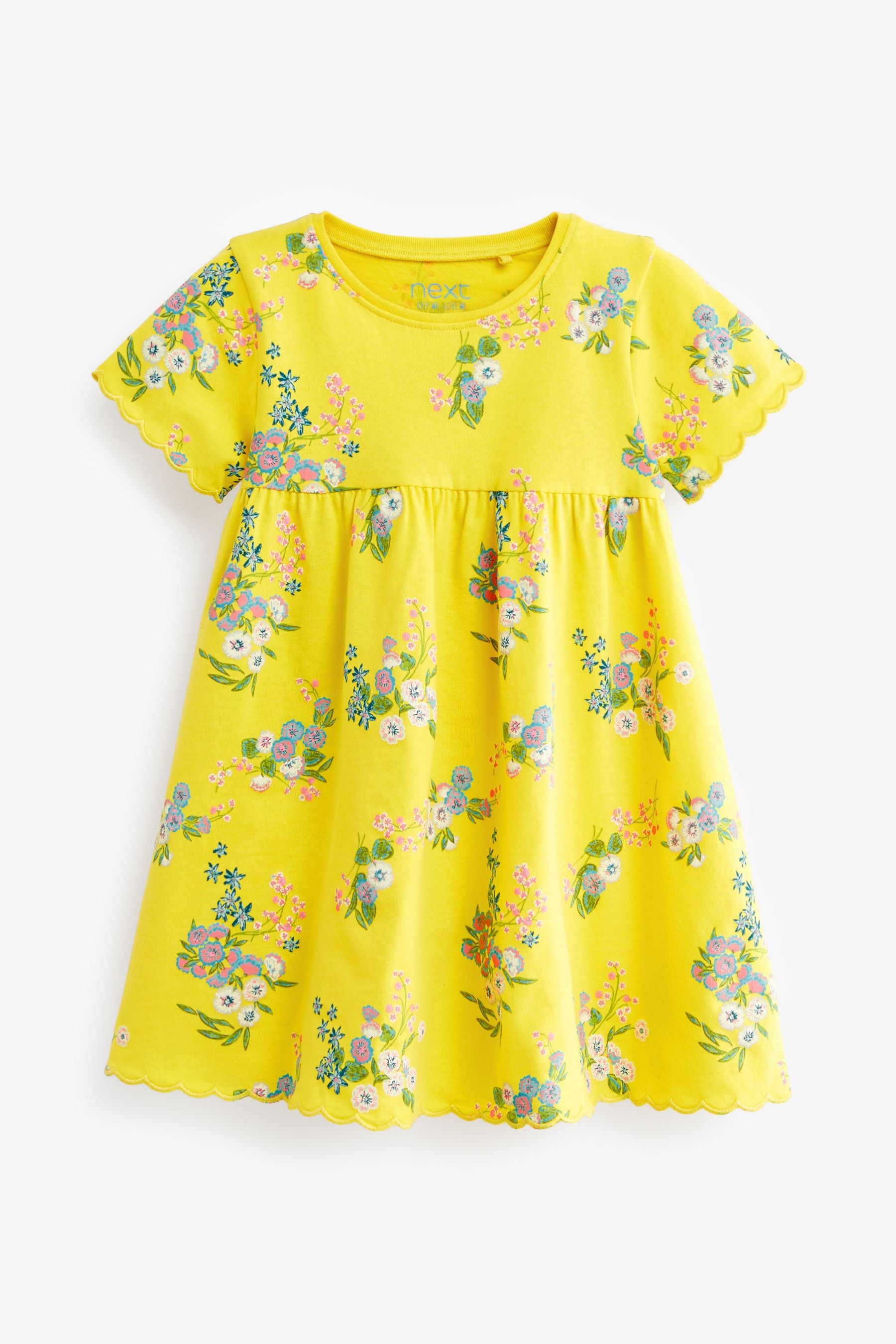 Yellow Floral Short Sleeve Scallop Edge Cotton Jersey Dress (3mths-7yrs)