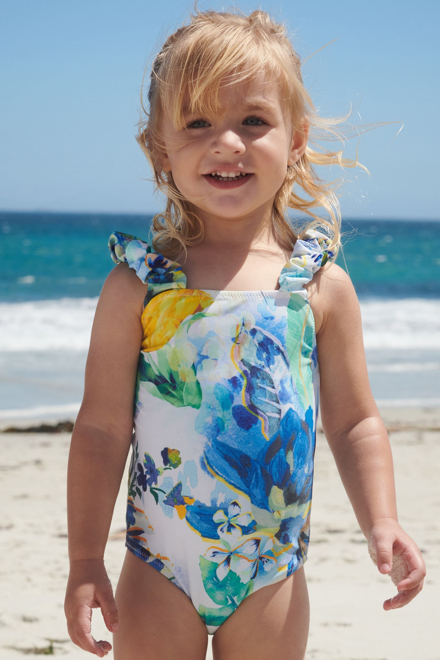 Blue/White Floral Ruched Sleeves Swimsuit (3mths-12yrs)