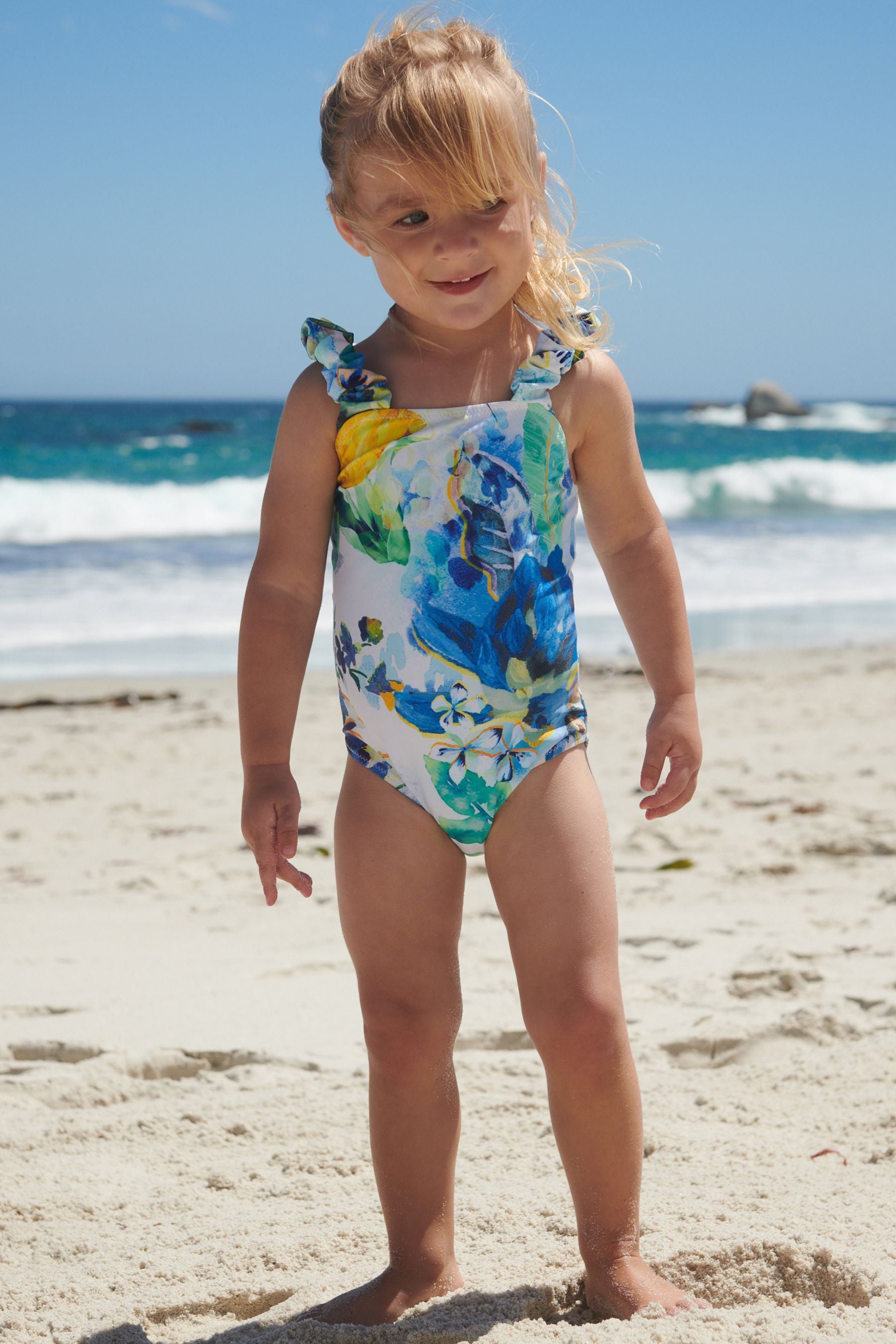 Blue/White Floral Ruched Sleeves Swimsuit (3mths-12yrs)