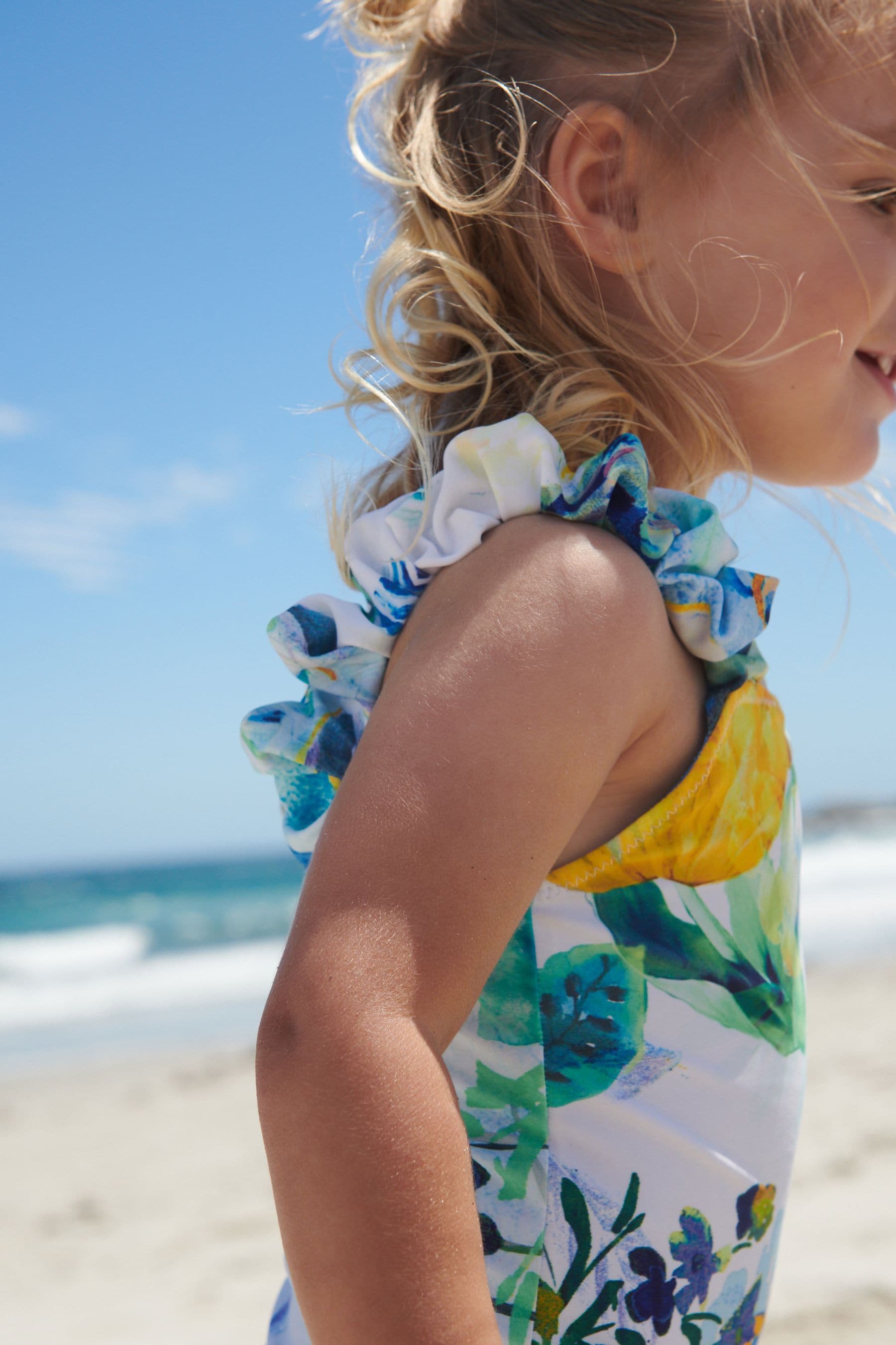 Blue/White Floral Ruched Sleeves Swimsuit (3mths-12yrs)