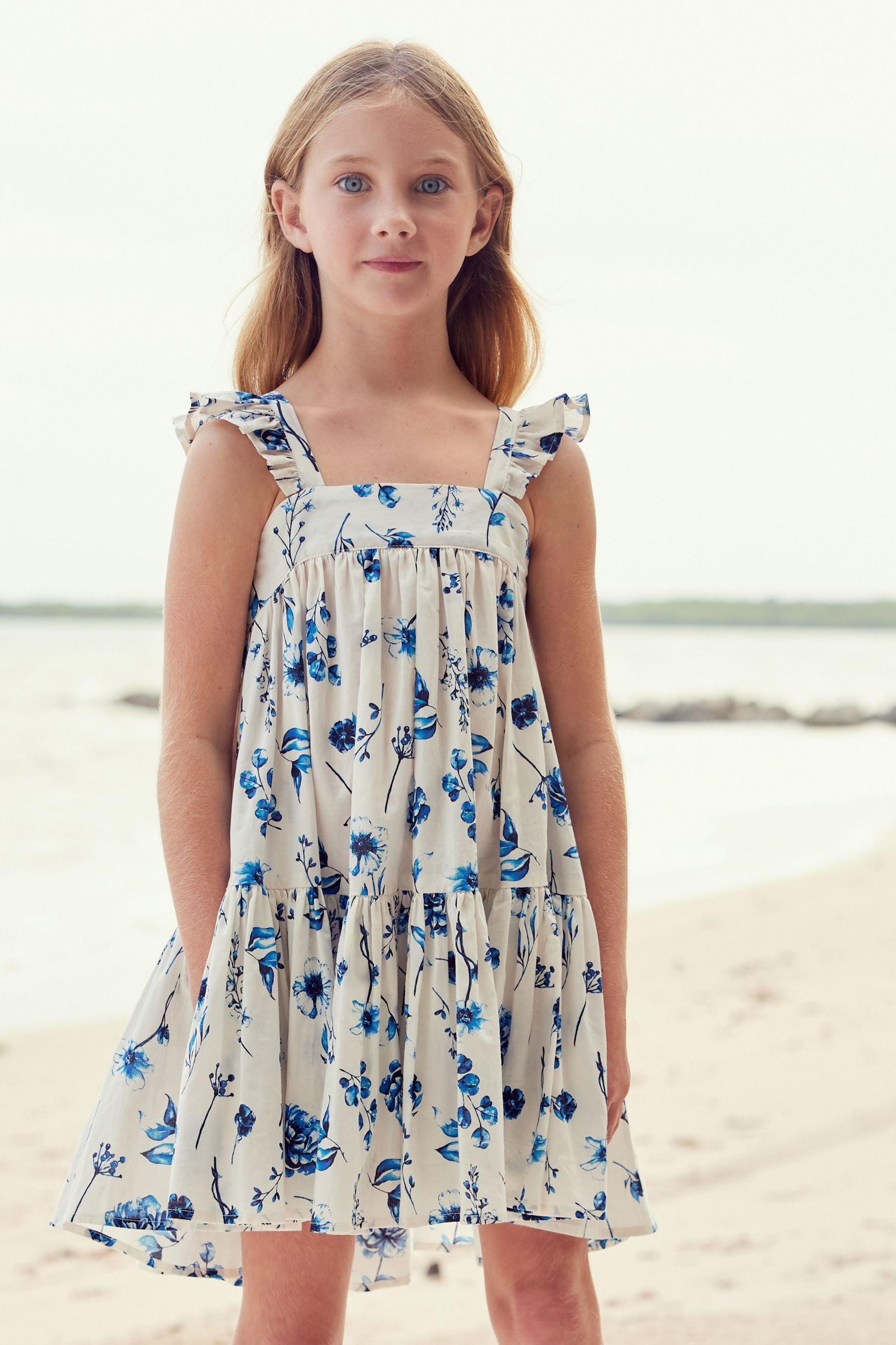 Blue Floral Printed Tiered Dress (3-16yrs)