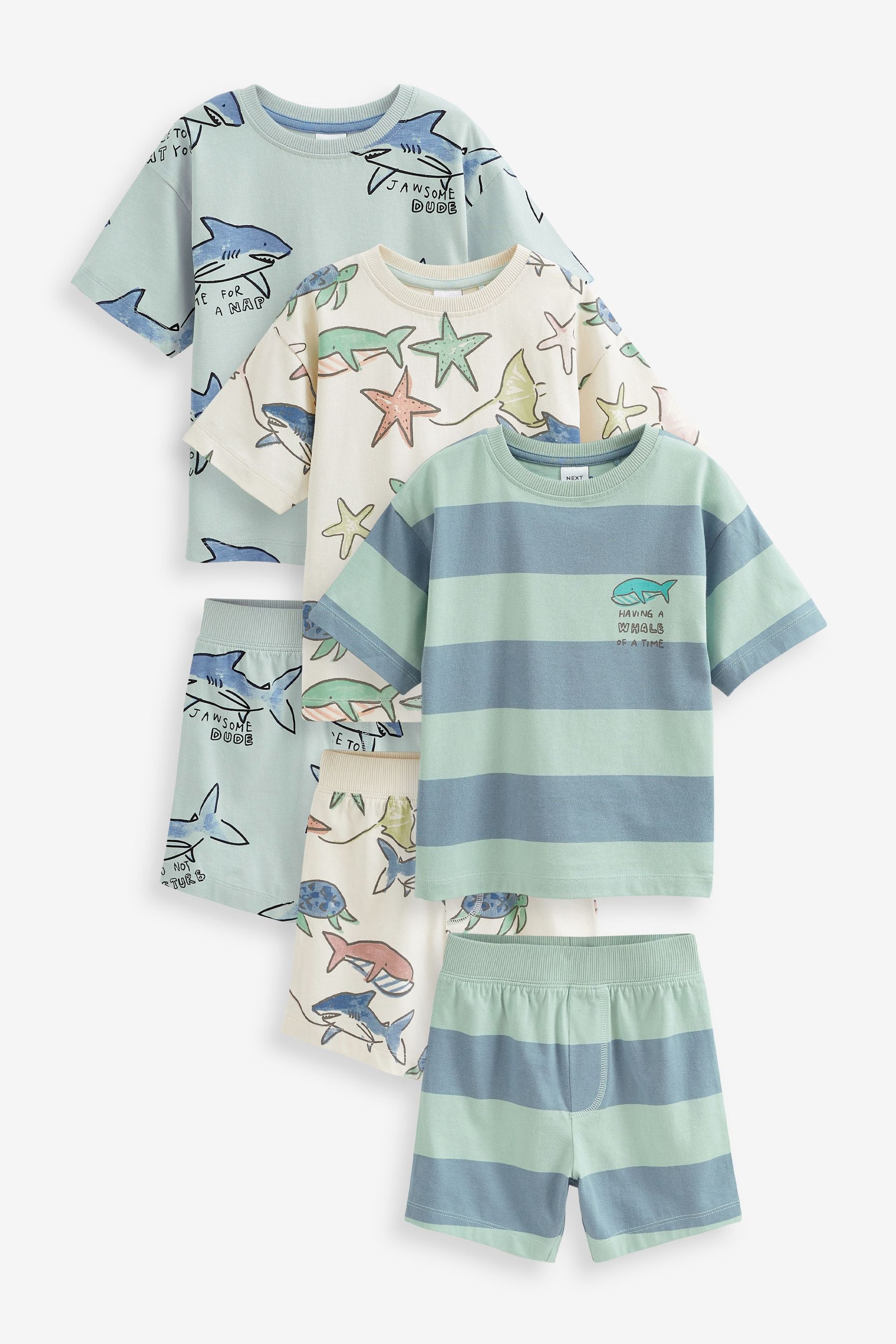 Blue Seaside Print 3 Pack Short Pyjamas (9mths-10yrs)