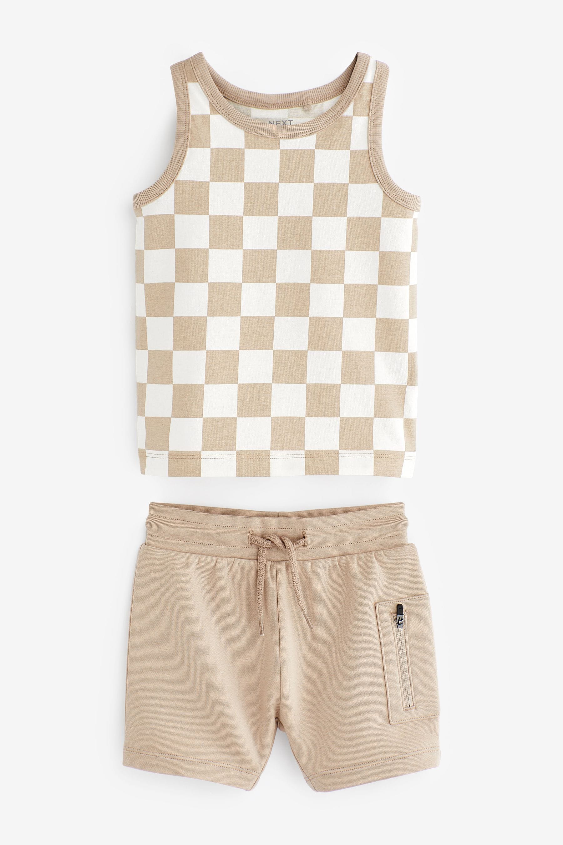 Tan Brown/Ecru Cream Checkerboard Vest And Shorts Set (3mths-7yrs)