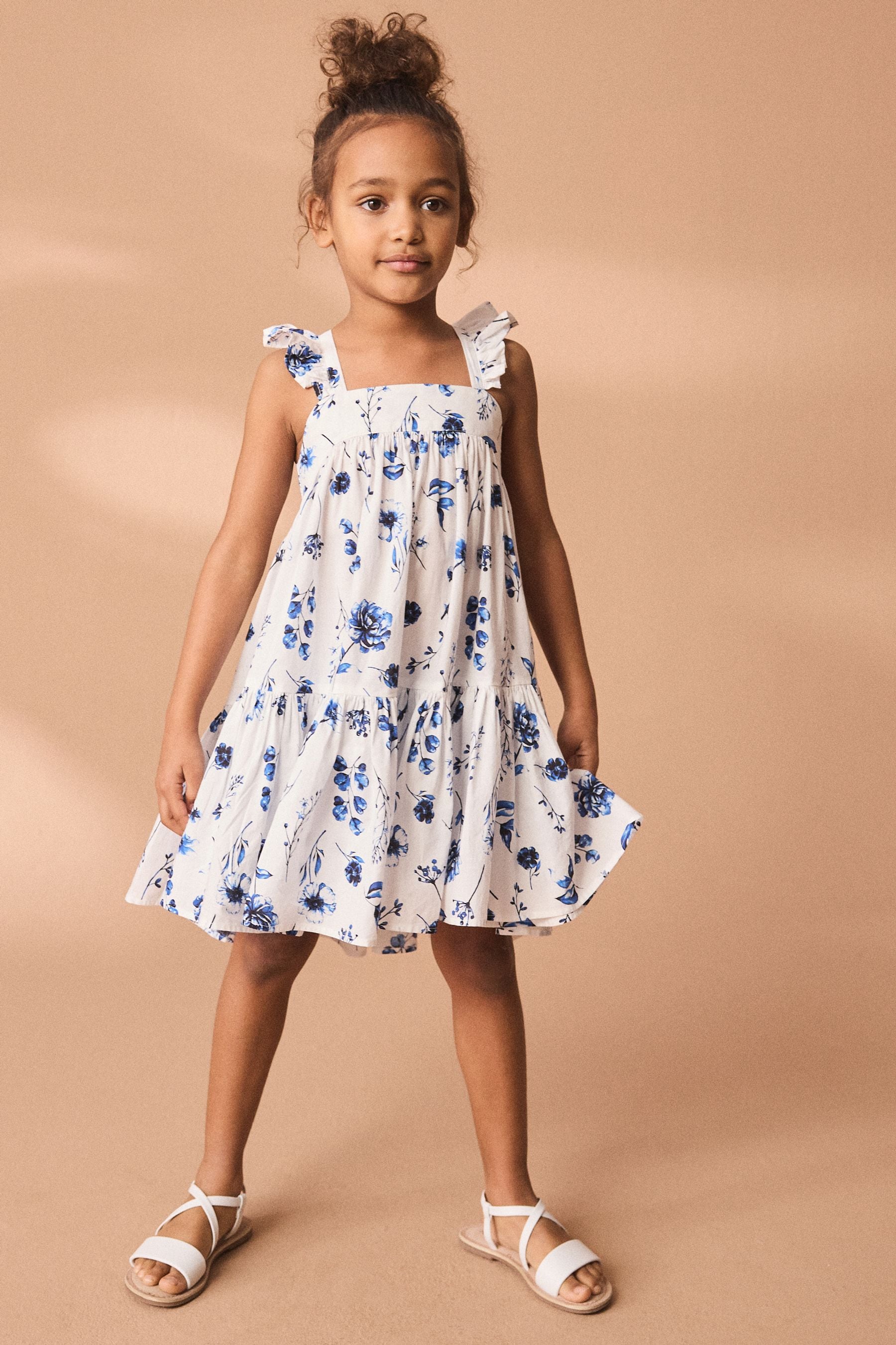 Blue Floral Printed Tiered Dress (3-16yrs)