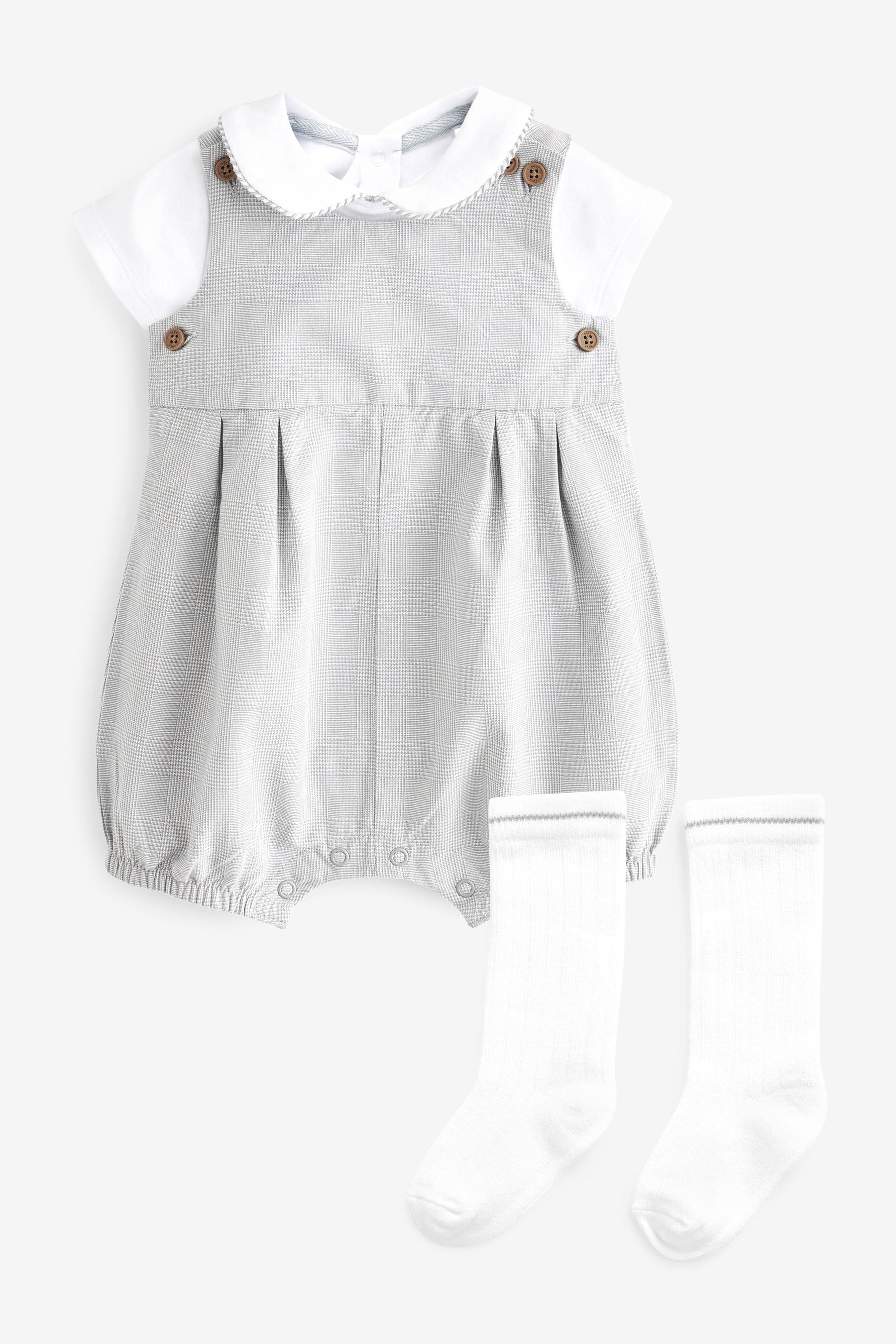 Grey 3 Piece Baby Smart Check Romper, Bodysuit And Socks Set (0mths-2yrs)