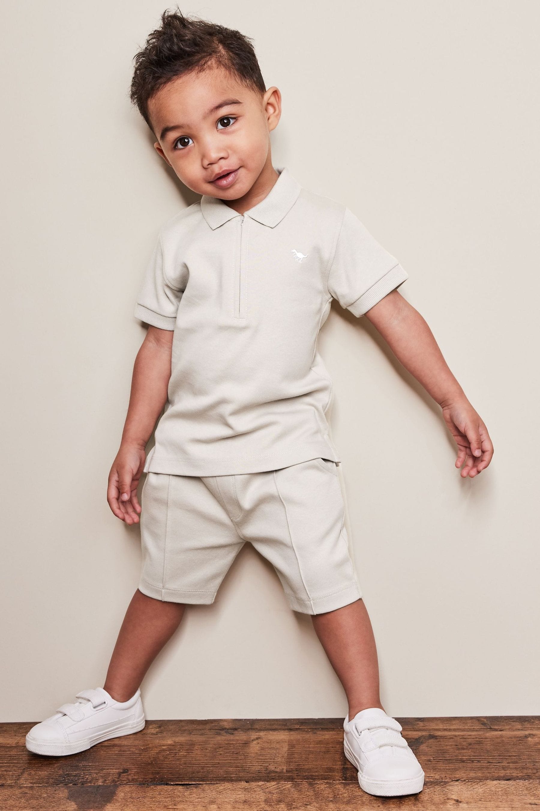 Neutral Cream Short Sleeve Jersey Zip Neck Polo Shirt And Shorts Set (3mths-7yrs)