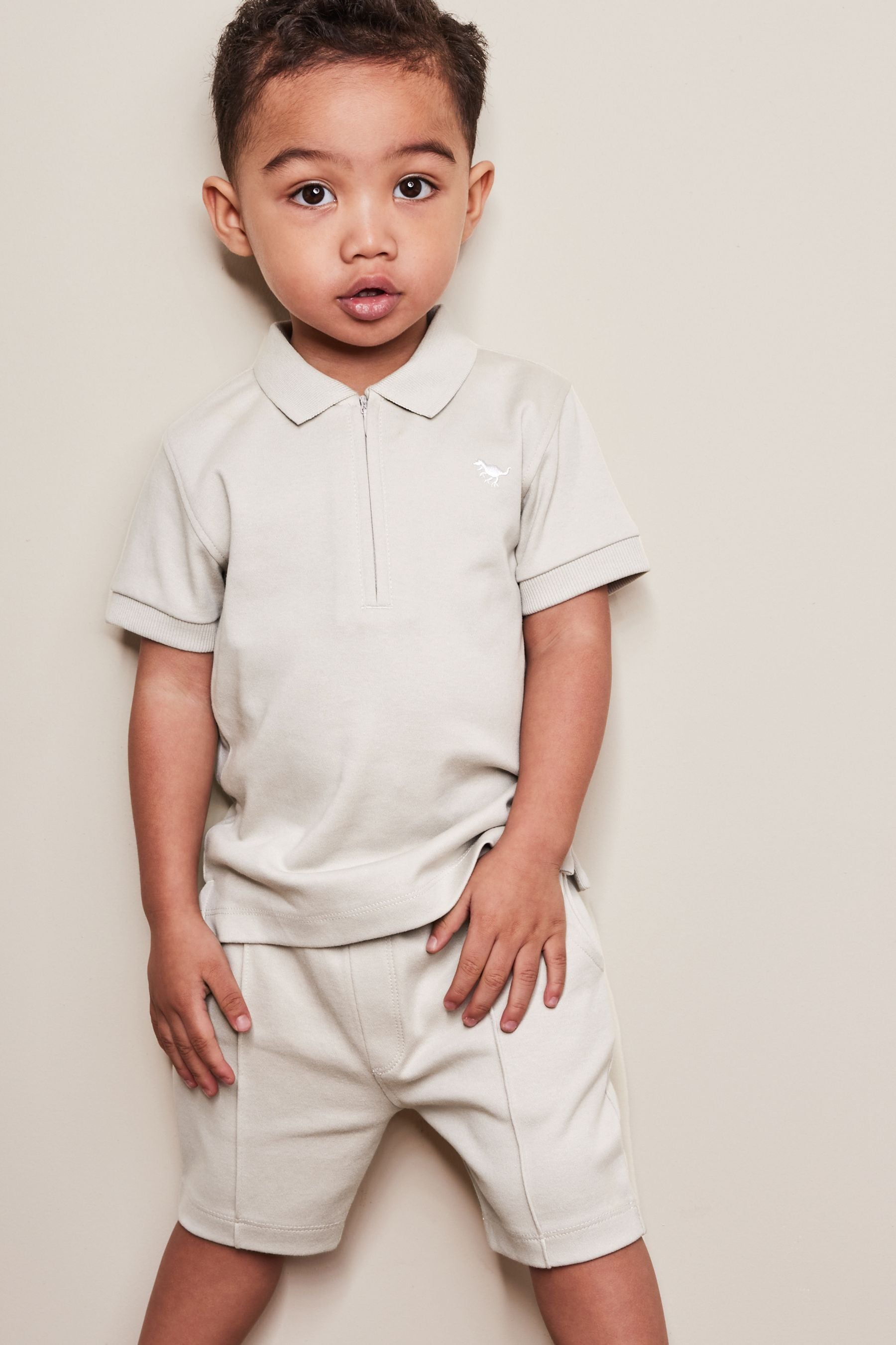 Neutral Cream Short Sleeve Jersey Zip Neck Polo Shirt And Shorts Set (3mths-7yrs)