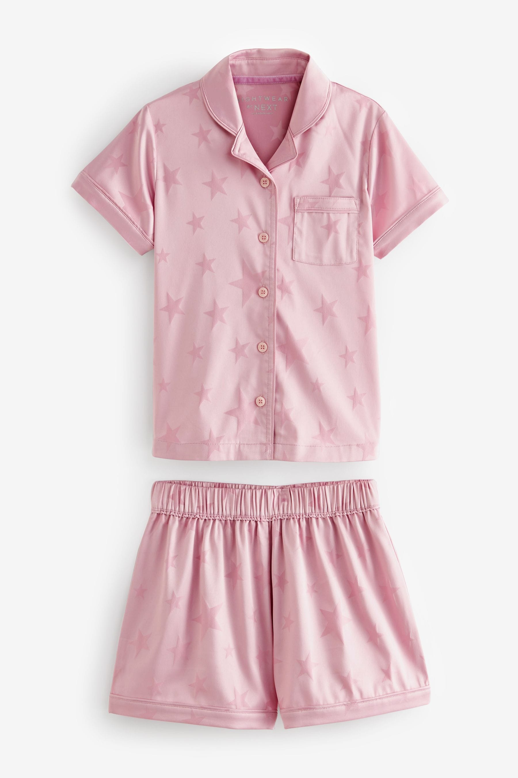 Pink Jacquard Star Satin Button Through Short Pyjamas (6-16yrs)