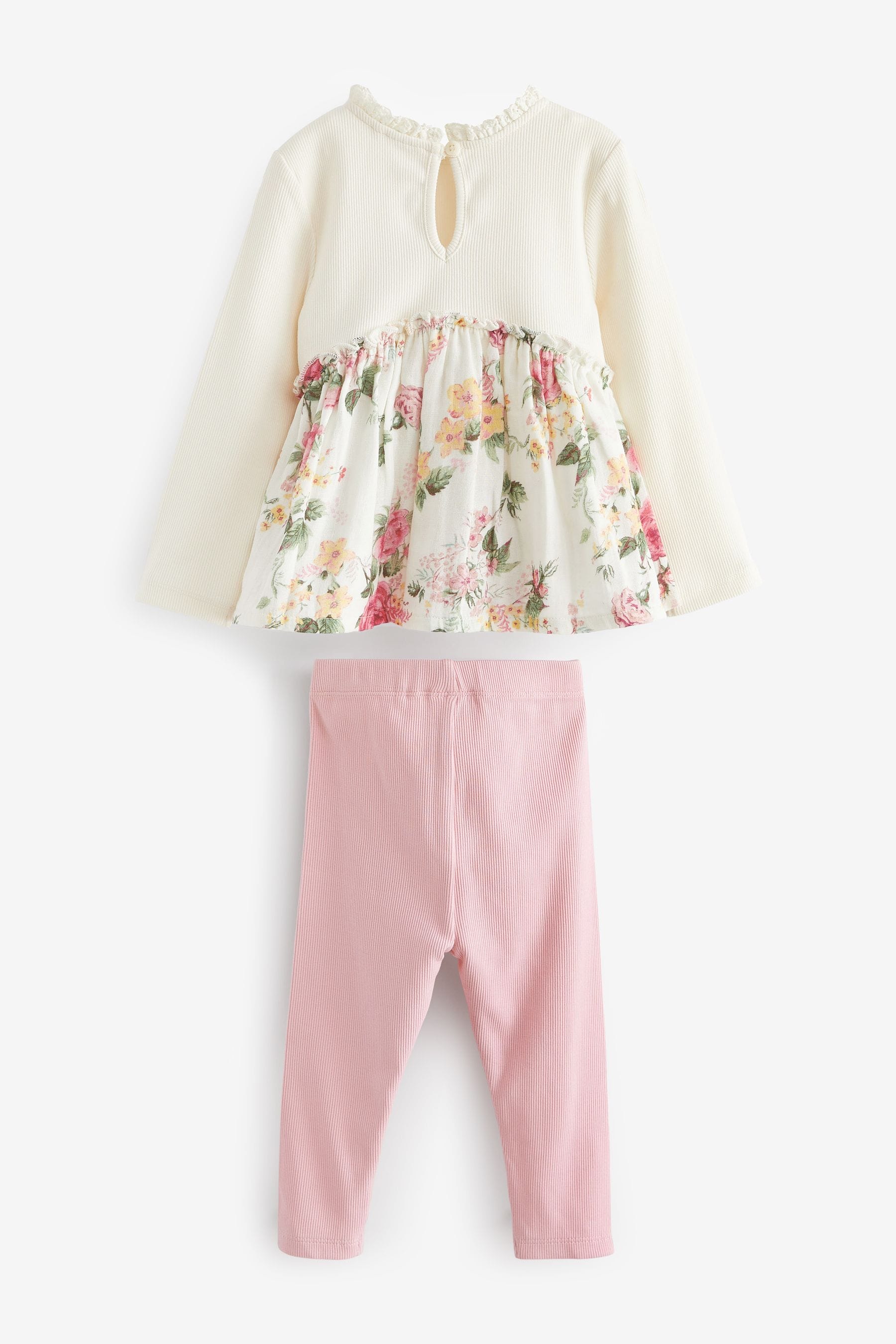 Pink/Cream Floral Long Sleeve Blouse And Ribbed Leggings Set (3mths-7yrs)