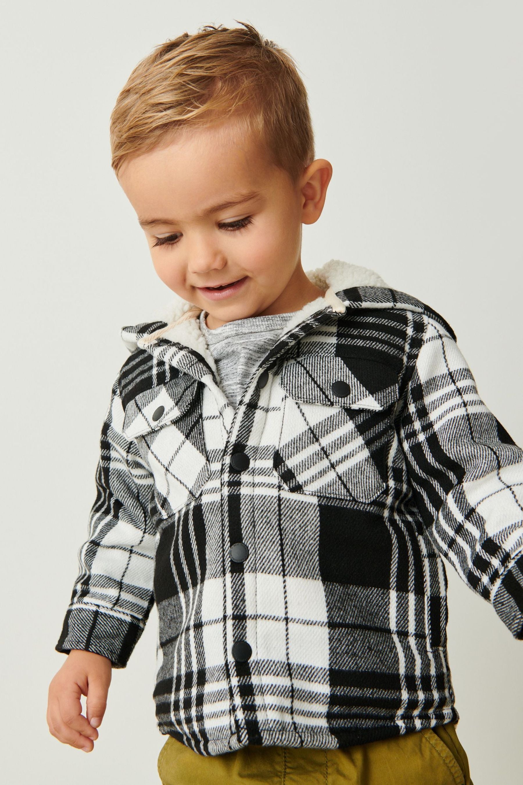 Black & White Check Borg Lined Hooded Shirt Jacket (3mths-7yrs)