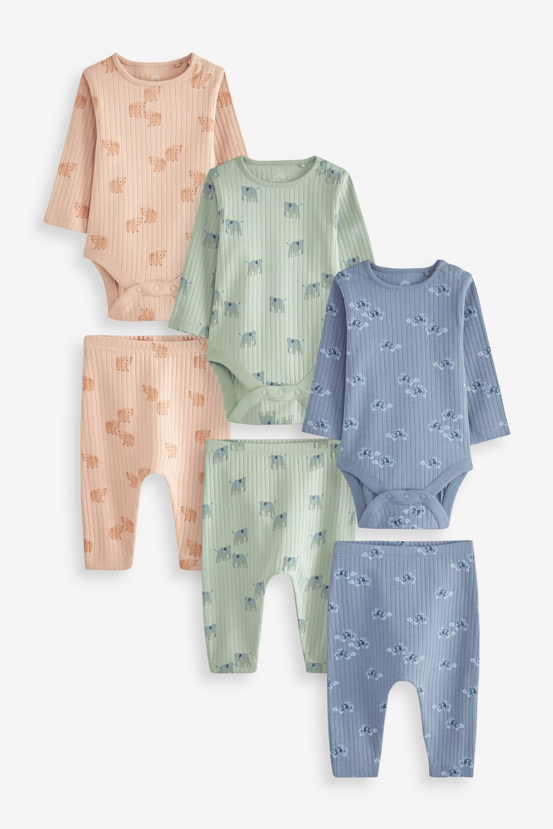 Mint Green/Navy Blue/Rust Brown Character Baby Bodysuits And Leggings 6 Piece Set