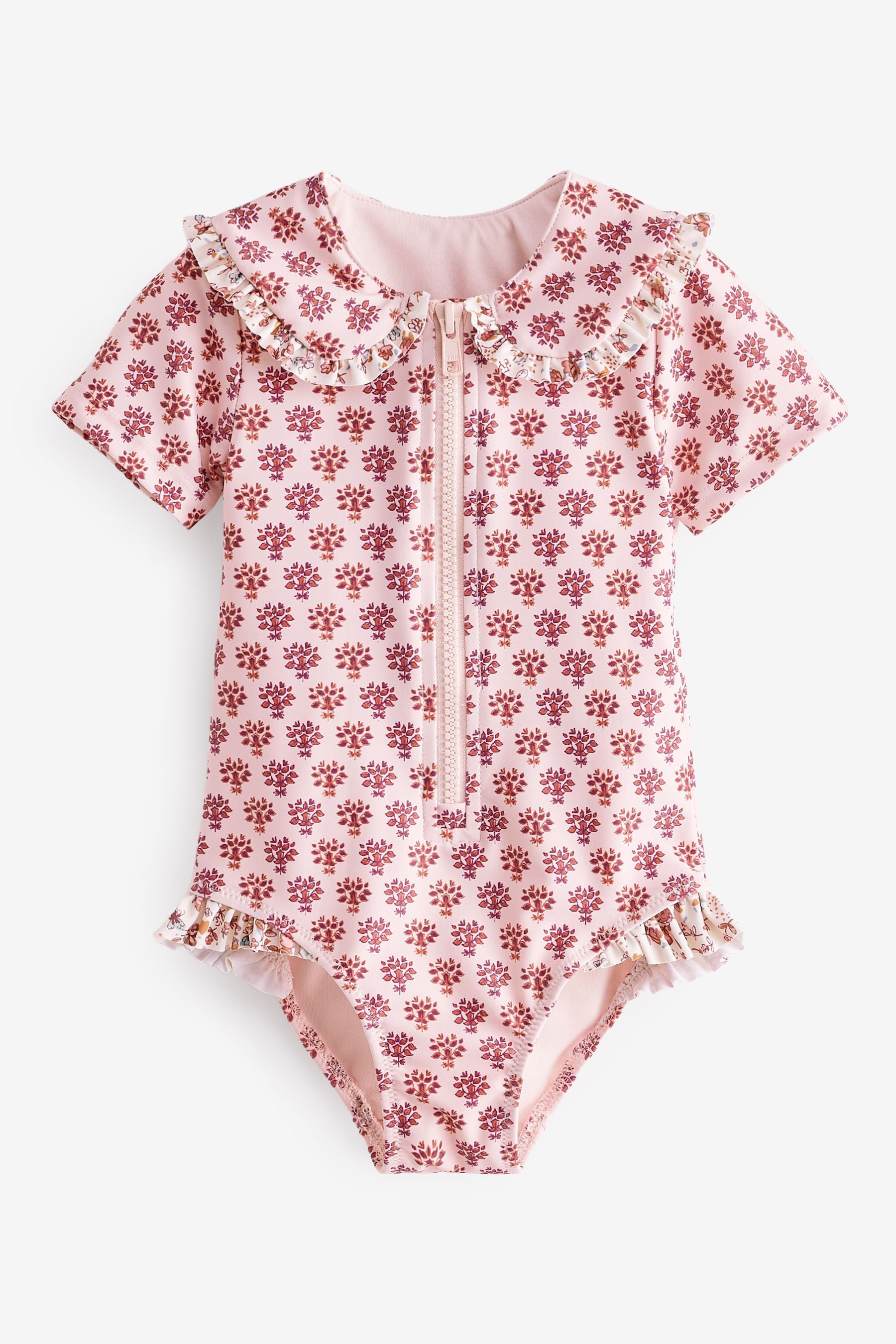 Pink Ditsy Collared Short Sleeve Swimsuit (3mths-7yrs)