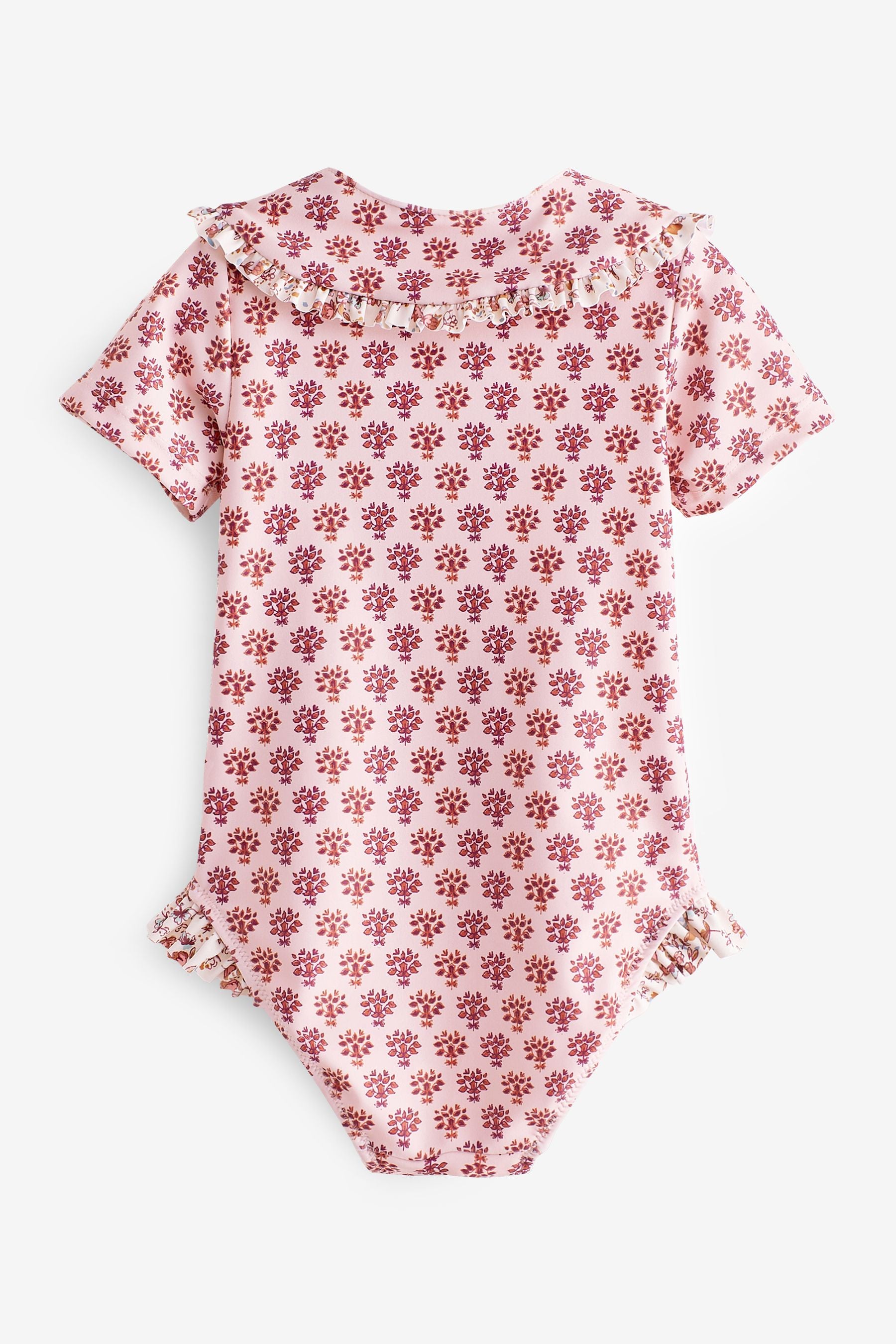 Pink Ditsy Collared Short Sleeve Swimsuit (3mths-7yrs)