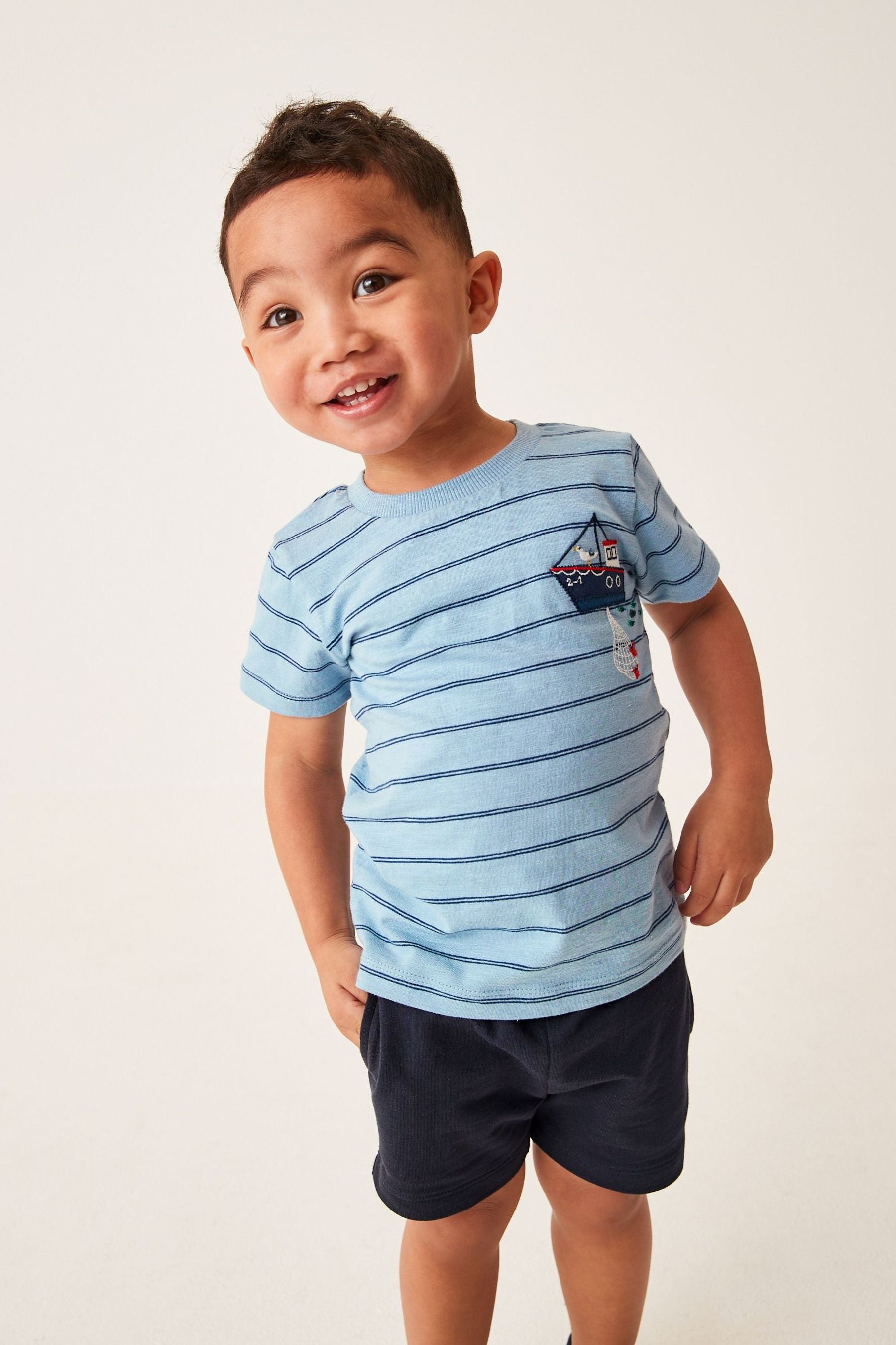 Blue Stripe Boat Short Sleeve T-Shirt And Shorts Set (3mths-7yrs)