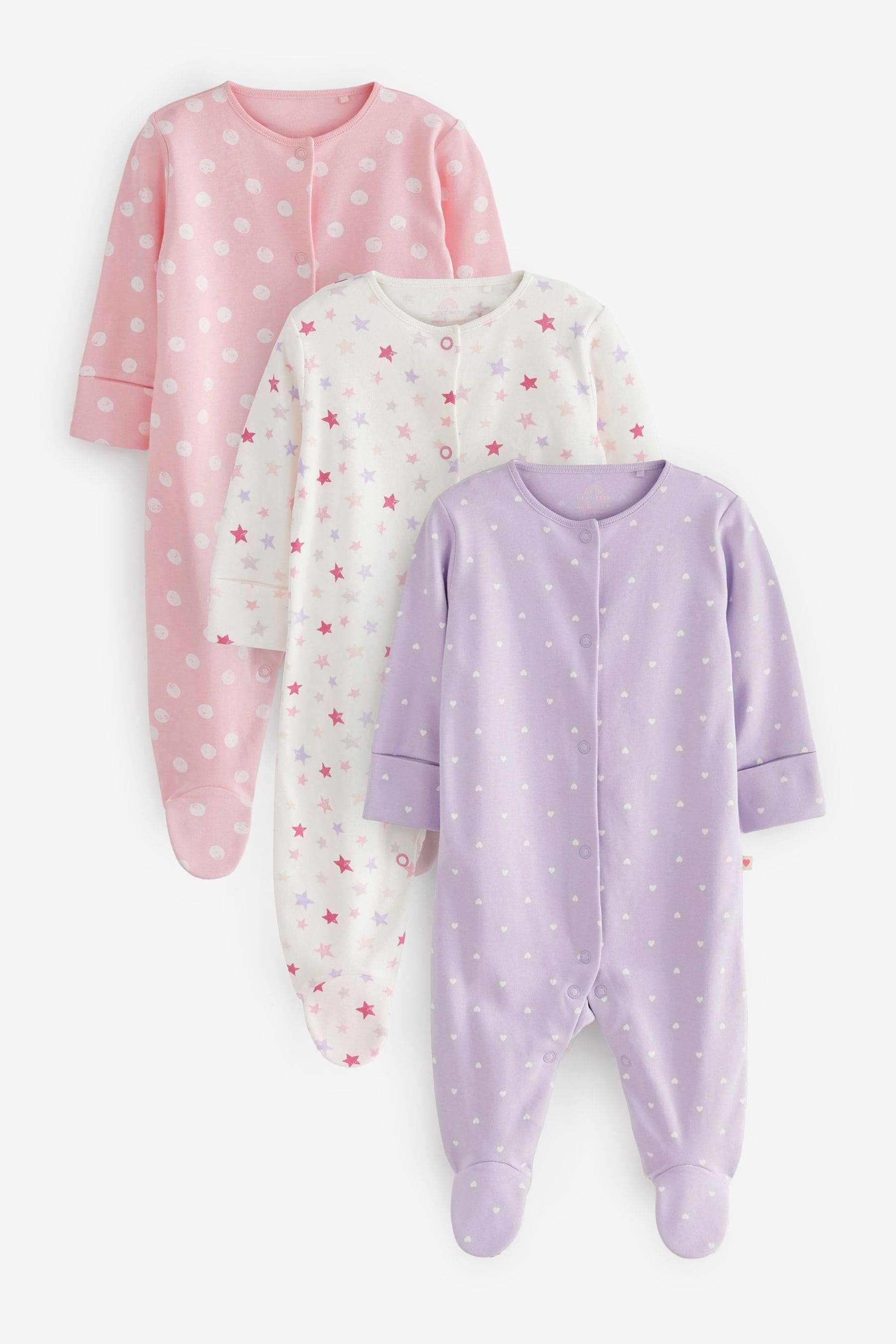 Pink/Lilac Purple Stars Baby Sleepsuits 3 Pack (0mths-2yrs)