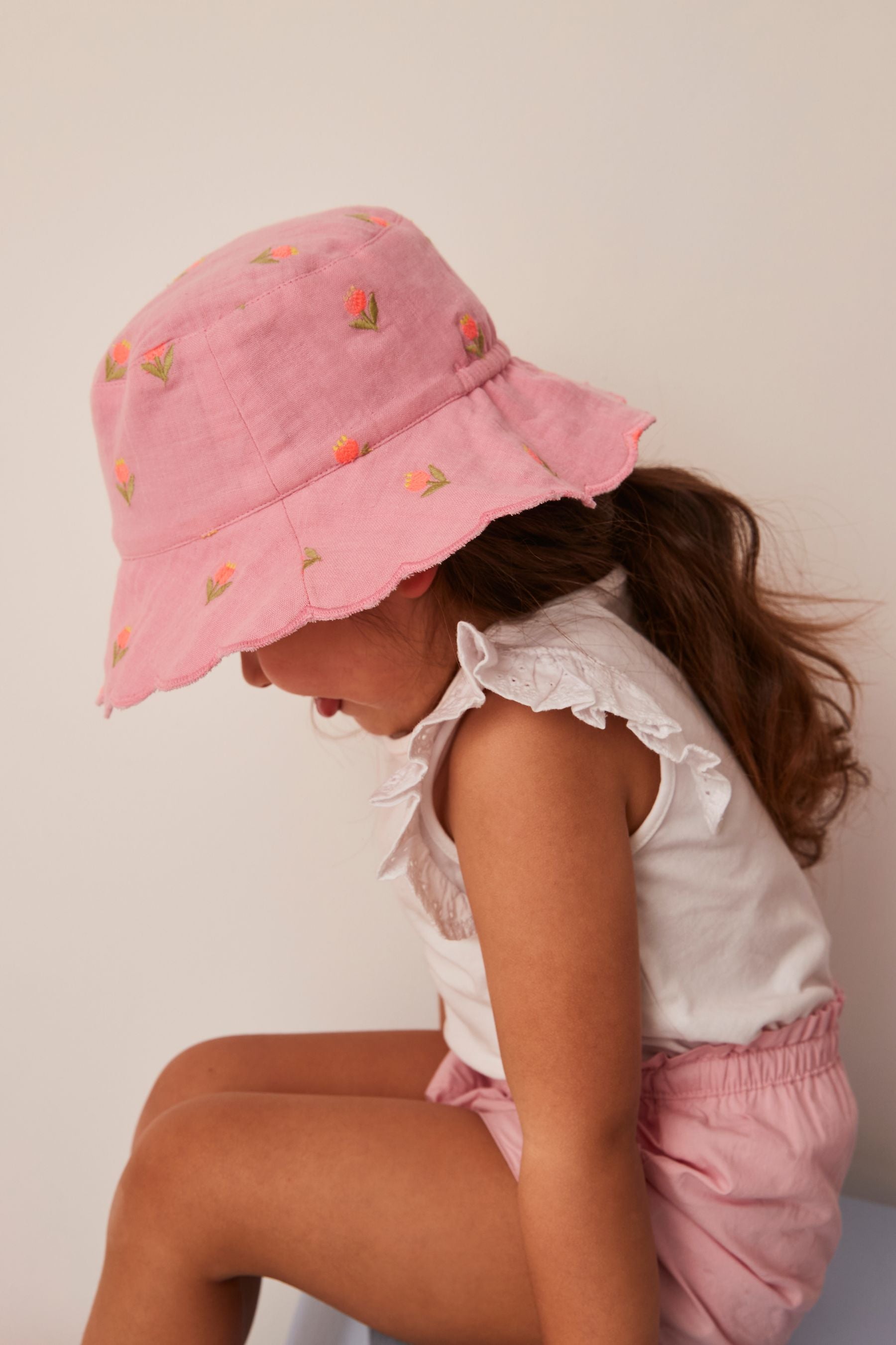 Pink Floral Embroidered Bucket Hat (3mths-13yrs)