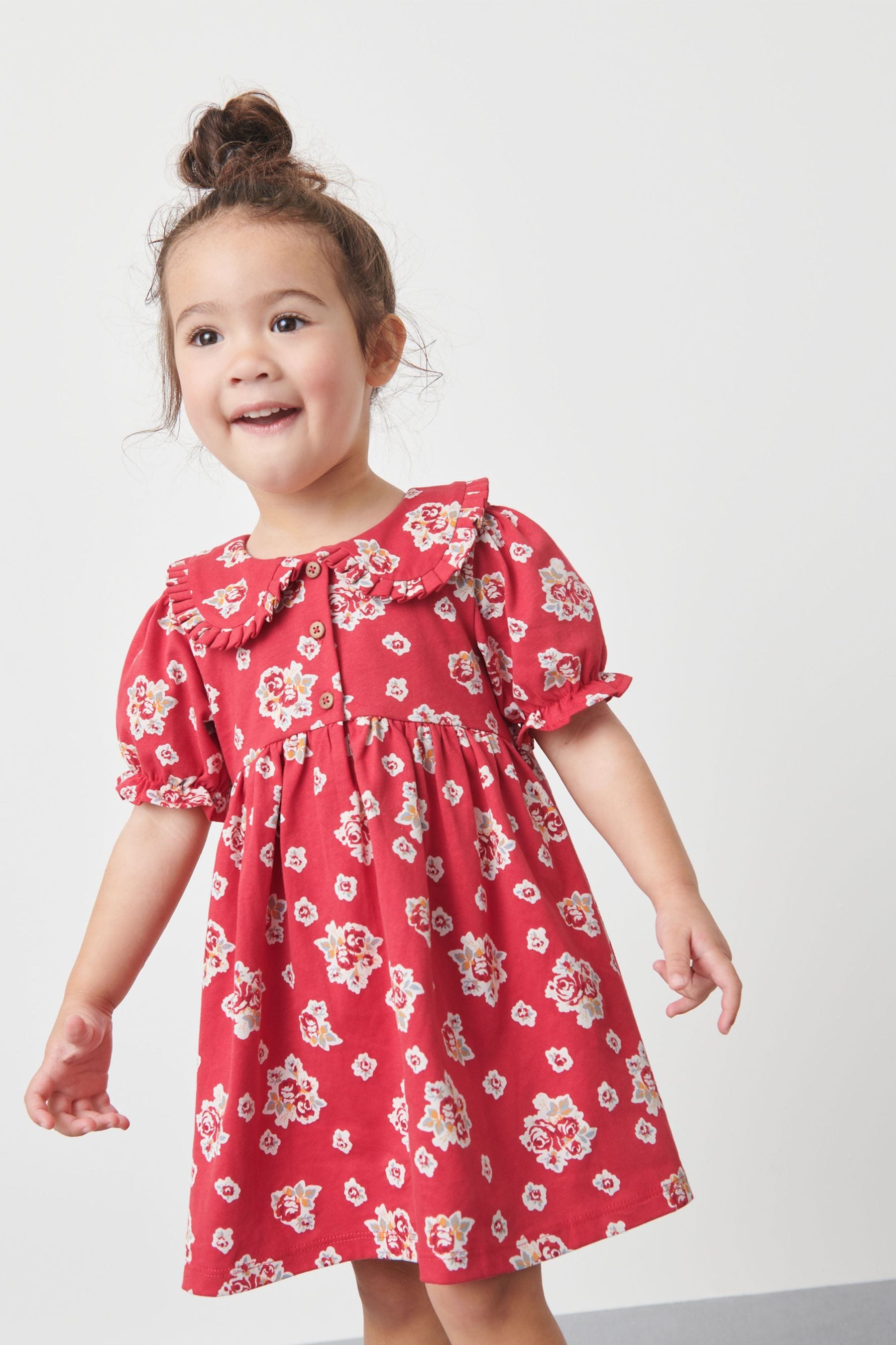 Red Floral Peter Pan Collar Puff Sleeve Cotton Jersey Dress (3mths-7yrs)