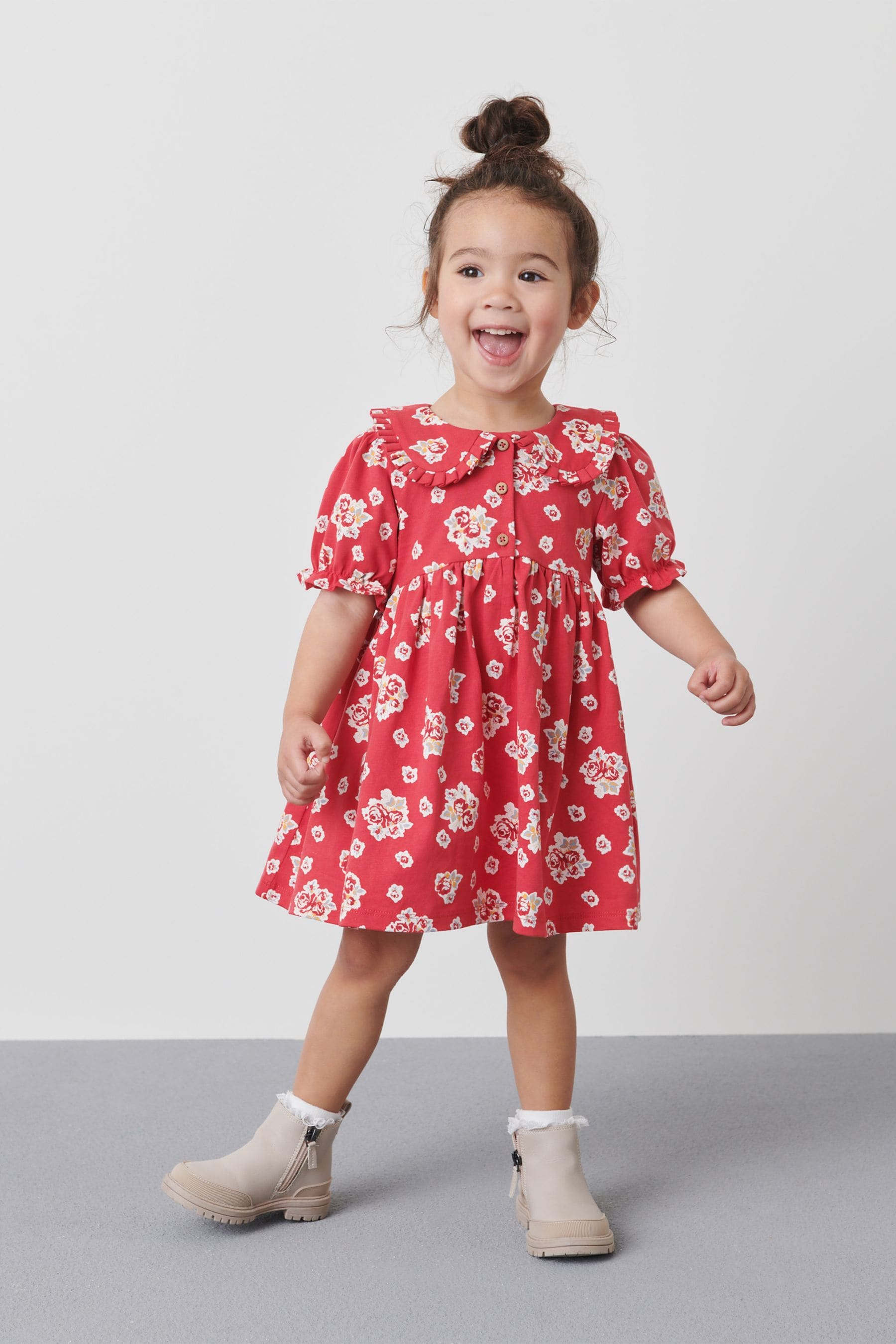 Red Floral Peter Pan Collar Puff Sleeve Cotton Jersey Dress (3mths-7yrs)