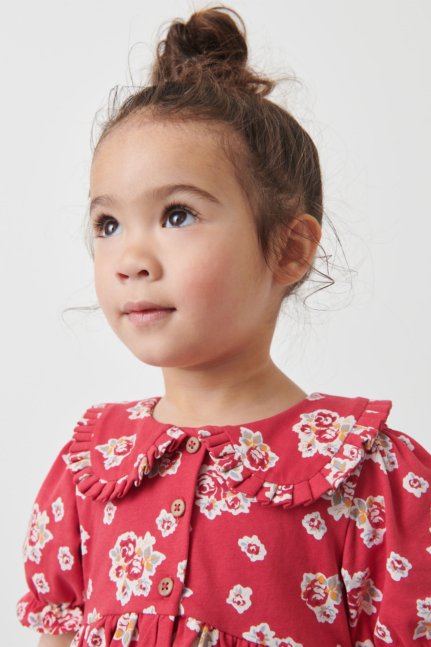 Red Floral Peter Pan Collar Puff Sleeve Cotton Jersey Dress (3mths-7yrs)