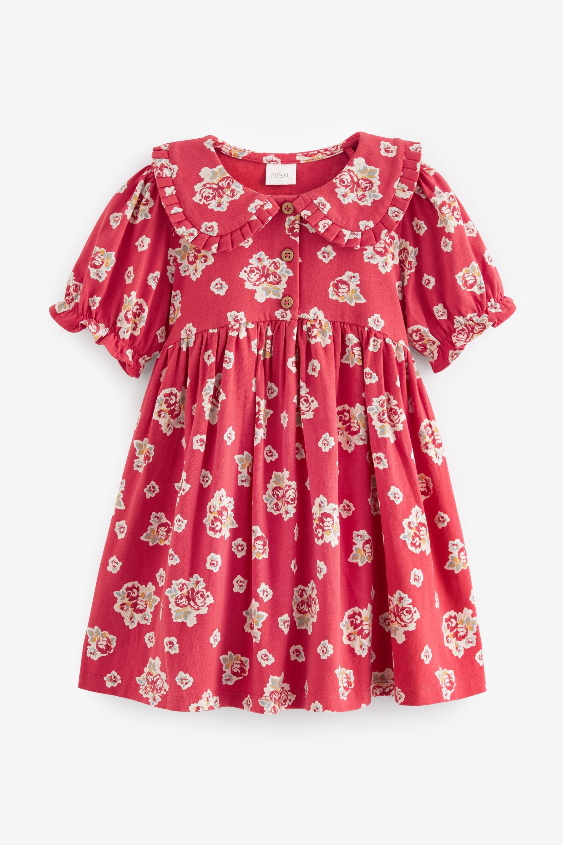 Red Floral Peter Pan Collar Puff Sleeve Cotton Jersey Dress (3mths-7yrs)