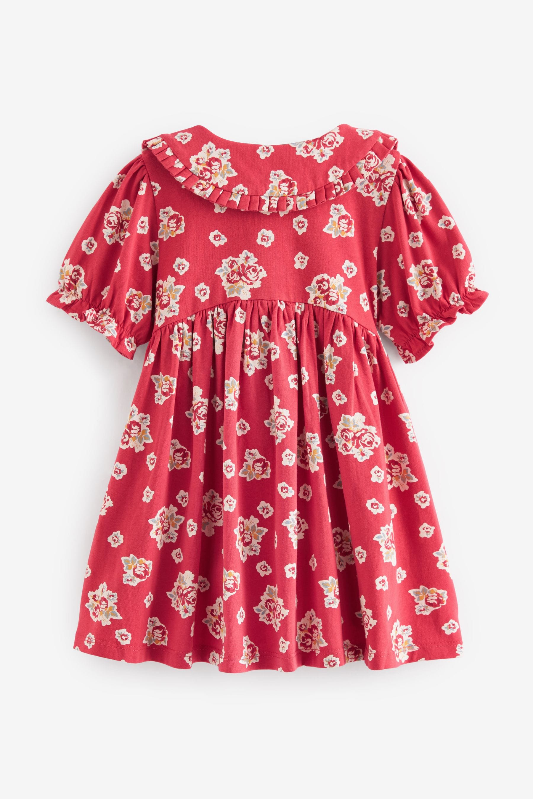 Red Floral Peter Pan Collar Puff Sleeve Cotton Jersey Dress (3mths-7yrs)