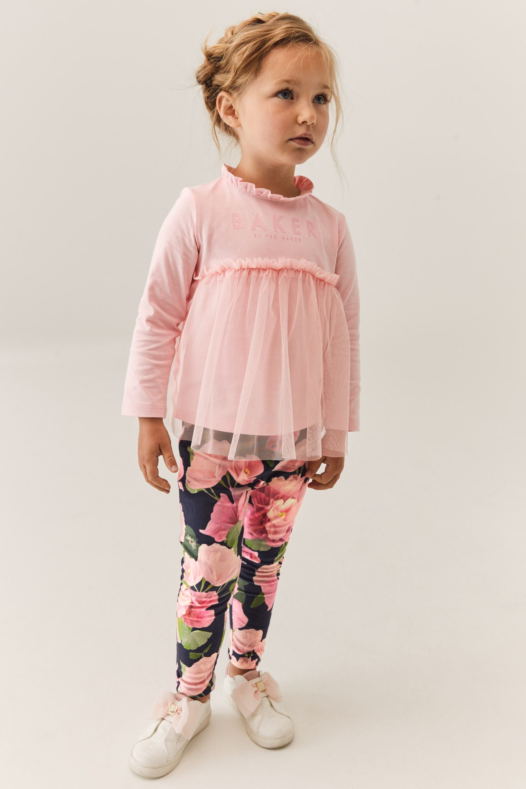 Navy/Pink Baker by Ted Baker (0-6yrs) Navy Floral Velour Leggings and Pink Tulle T-Shirt Set