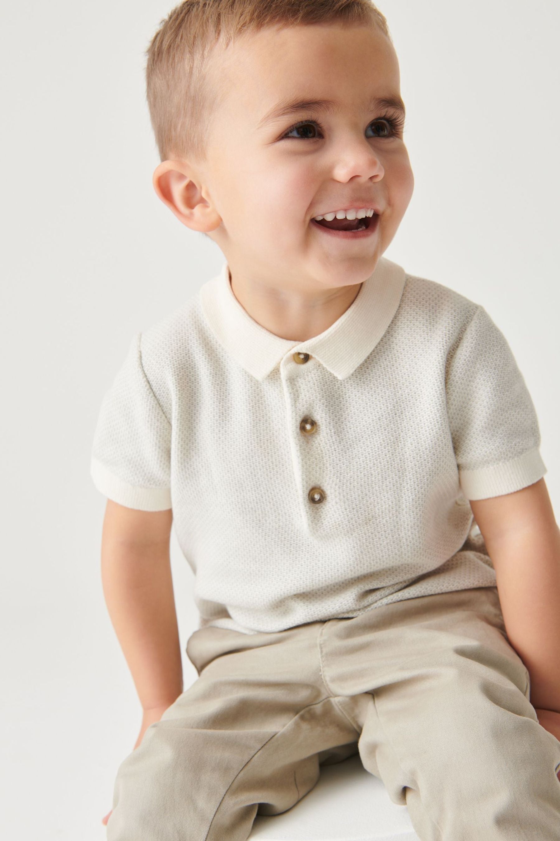 Ecru Cream Knitted Textured Short Sleeve Polo Shirt (3mths-7yrs)