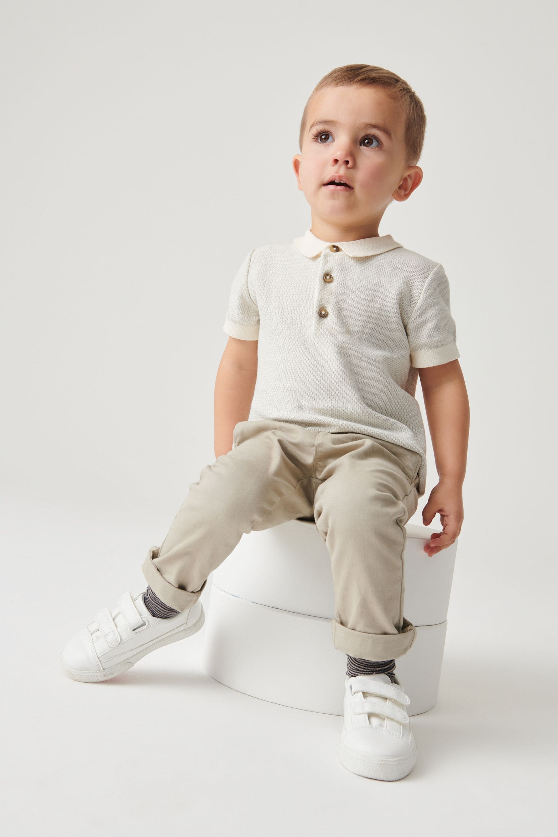 Ecru Cream Knitted Textured Short Sleeve Polo Shirt (3mths-7yrs)