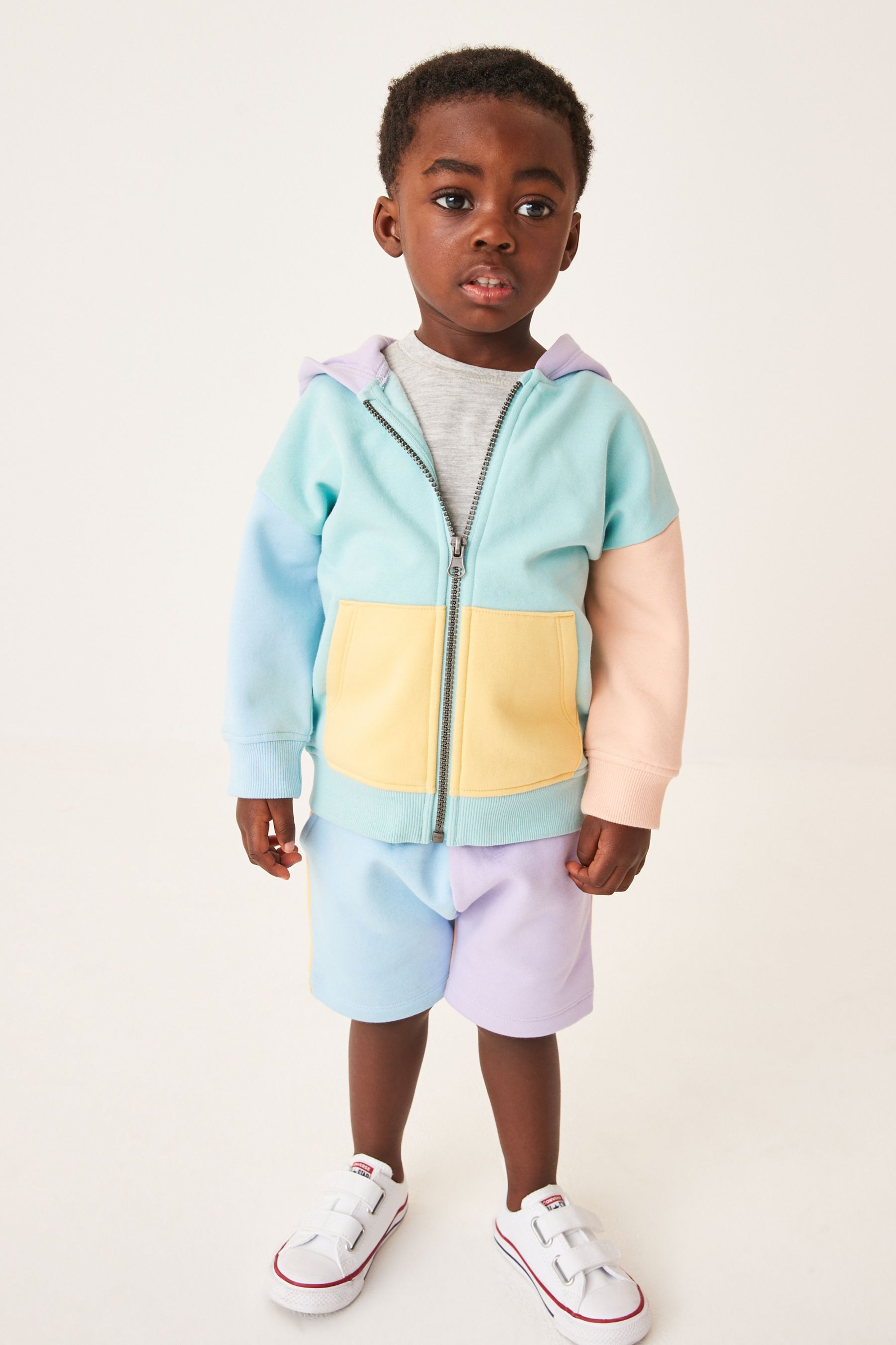 Blue & Yellow Colourblock Zip Through Hoodie and Shorts Set (3mths-7yrs)