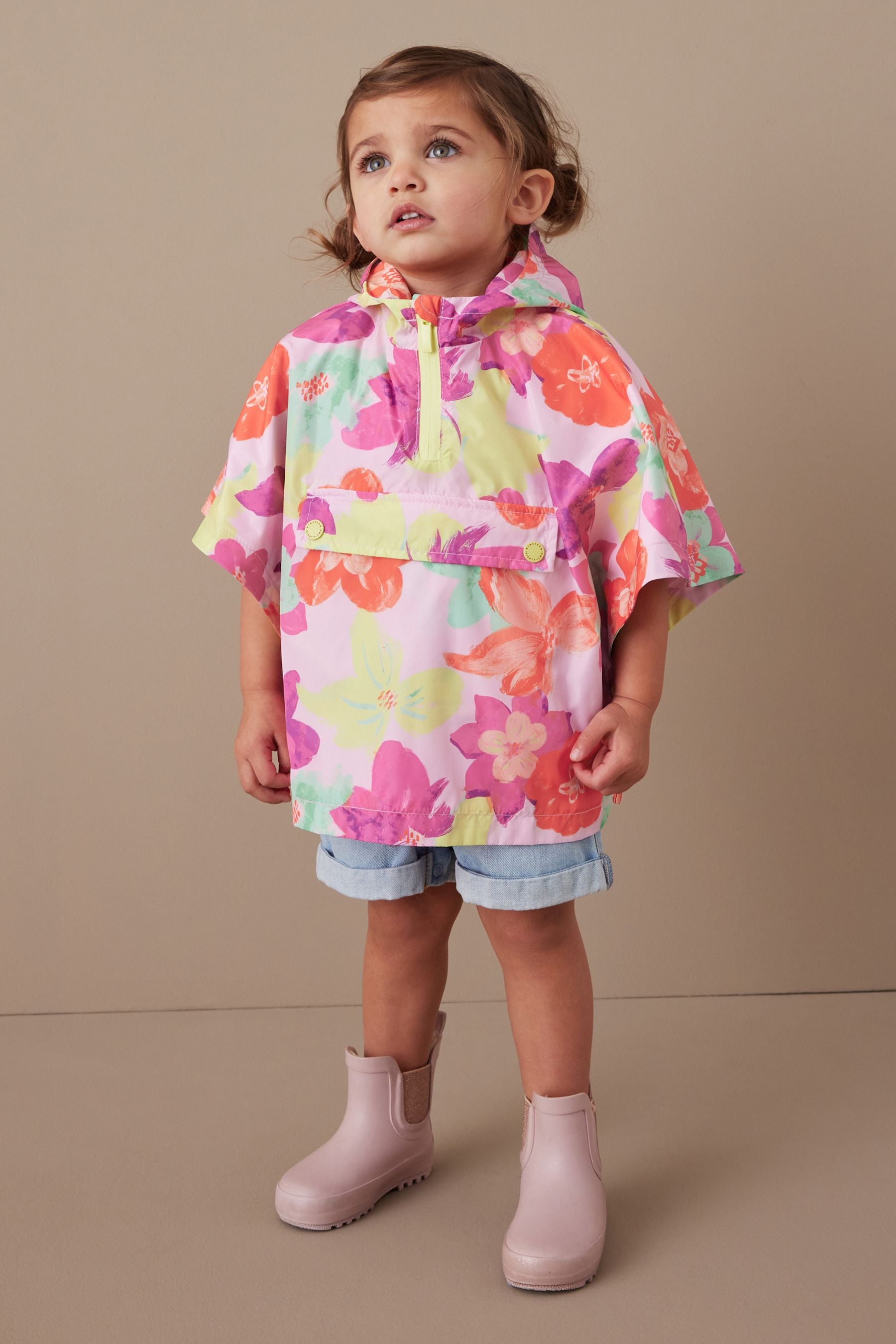 Multi Floral Shower Resistant Overhead Printed Pack Away Poncho Cagoule (3mths-7yrs)