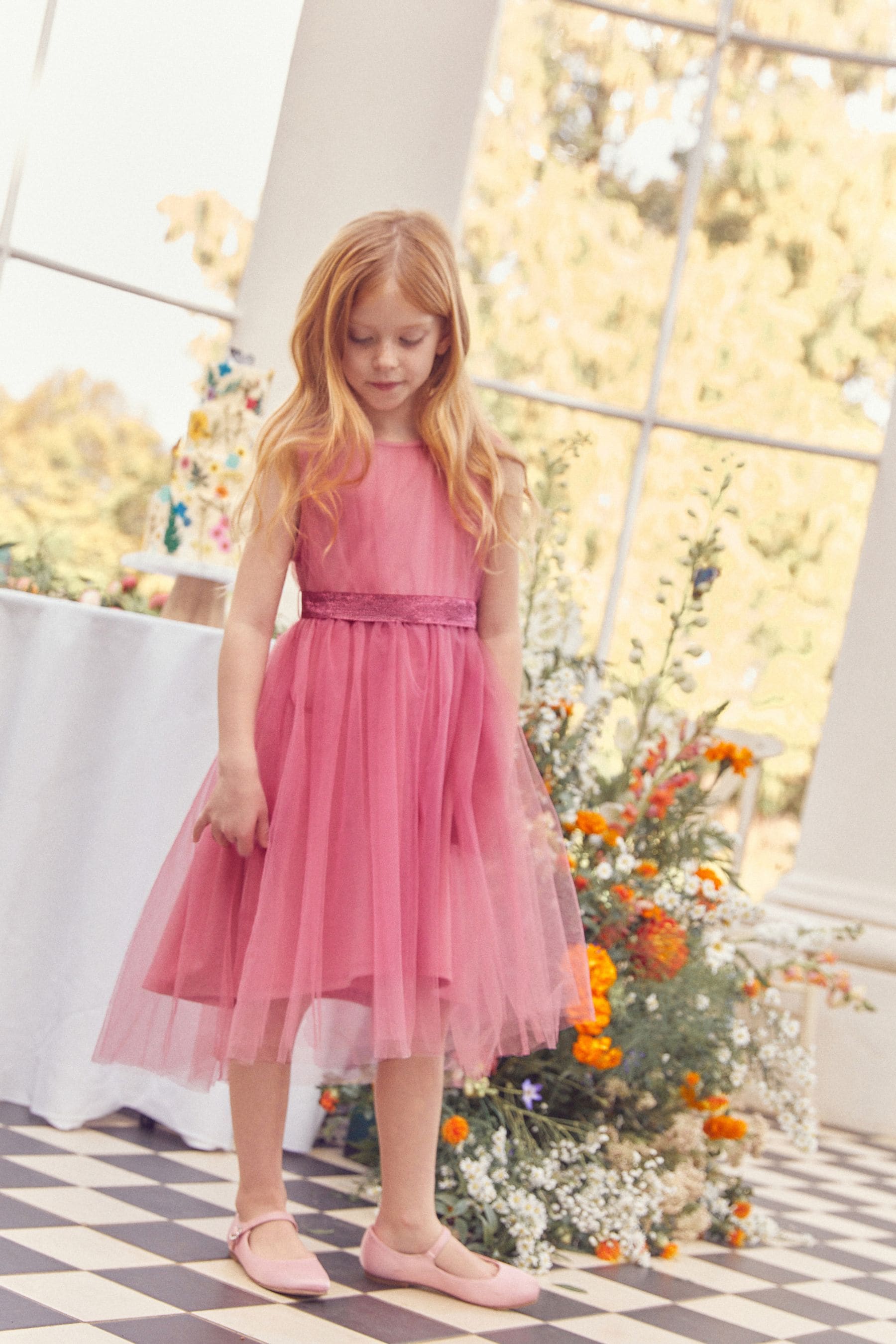 Rose Pink Mesh Tie Back Party Dress (3-16yrs)