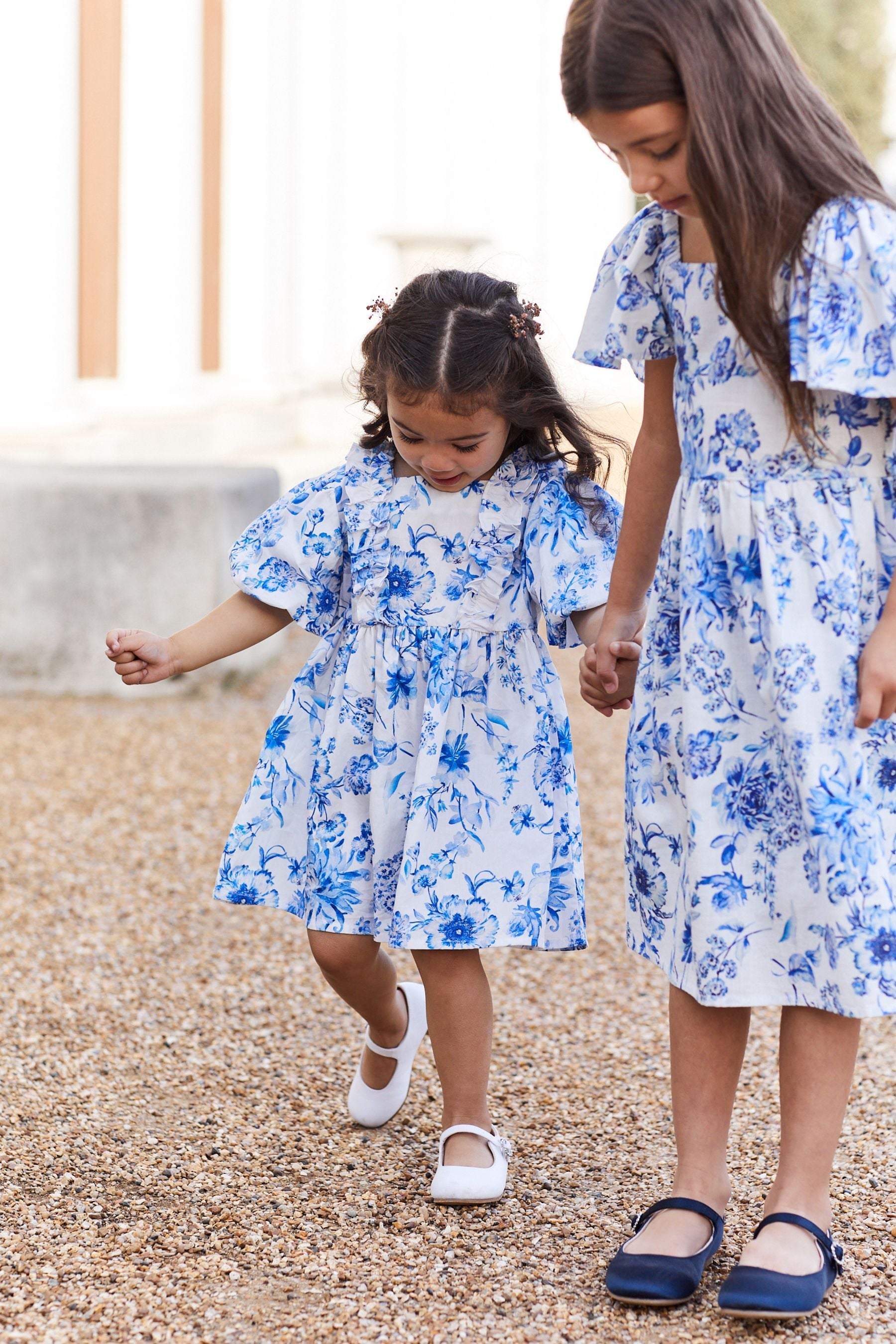 Blue Floral Printed Puff Sleeves Dress (3mths-8yrs)