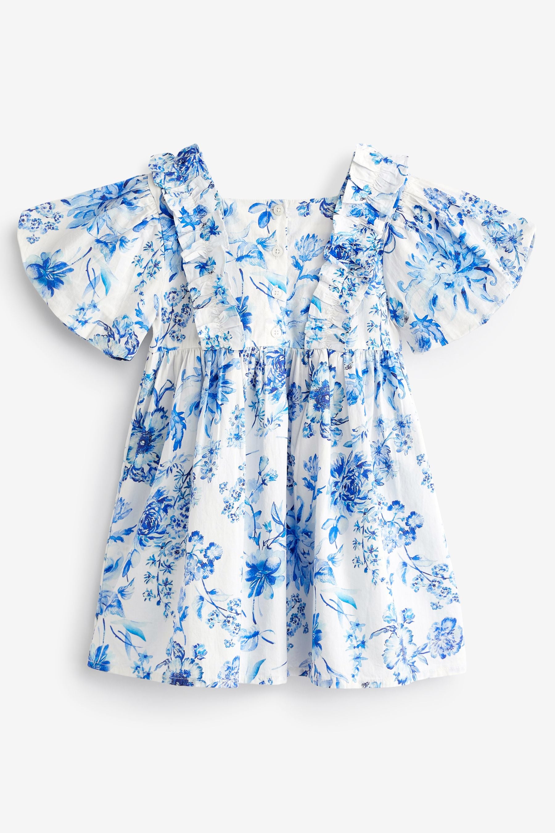 Blue Floral Printed Puff Sleeves Dress (3mths-8yrs)