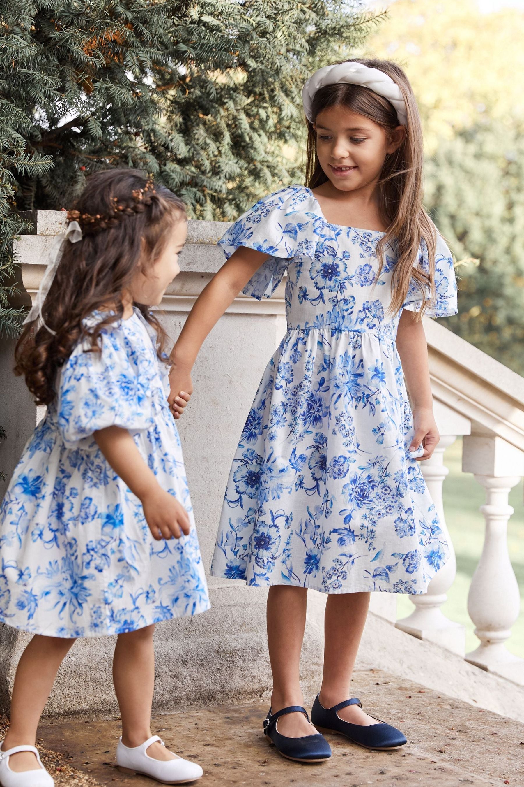 Blue Floral Printed Puff Sleeves Dress (3mths-8yrs)