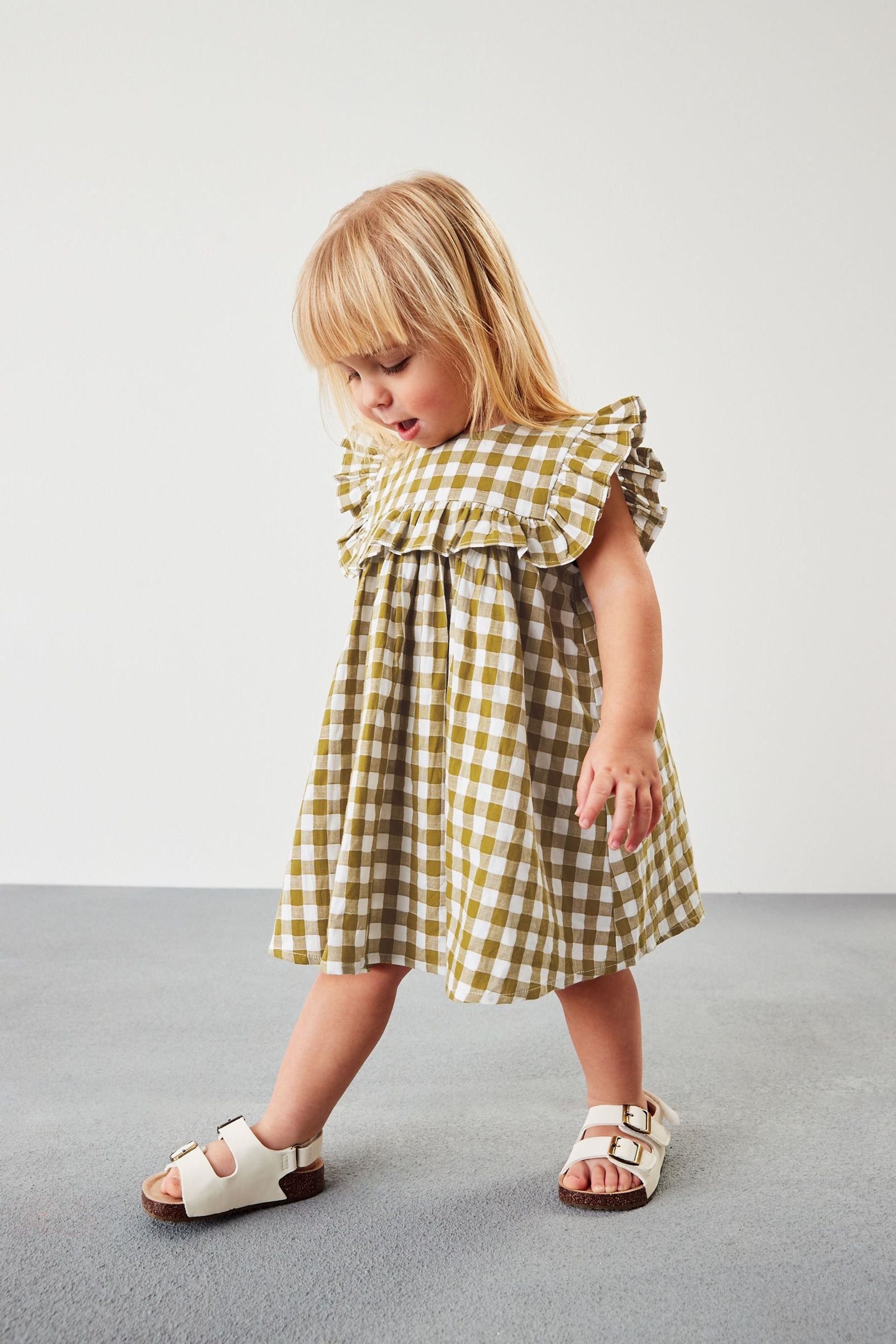 Olive Green Gingham Frill Detail Dress (3mths-8yrs)