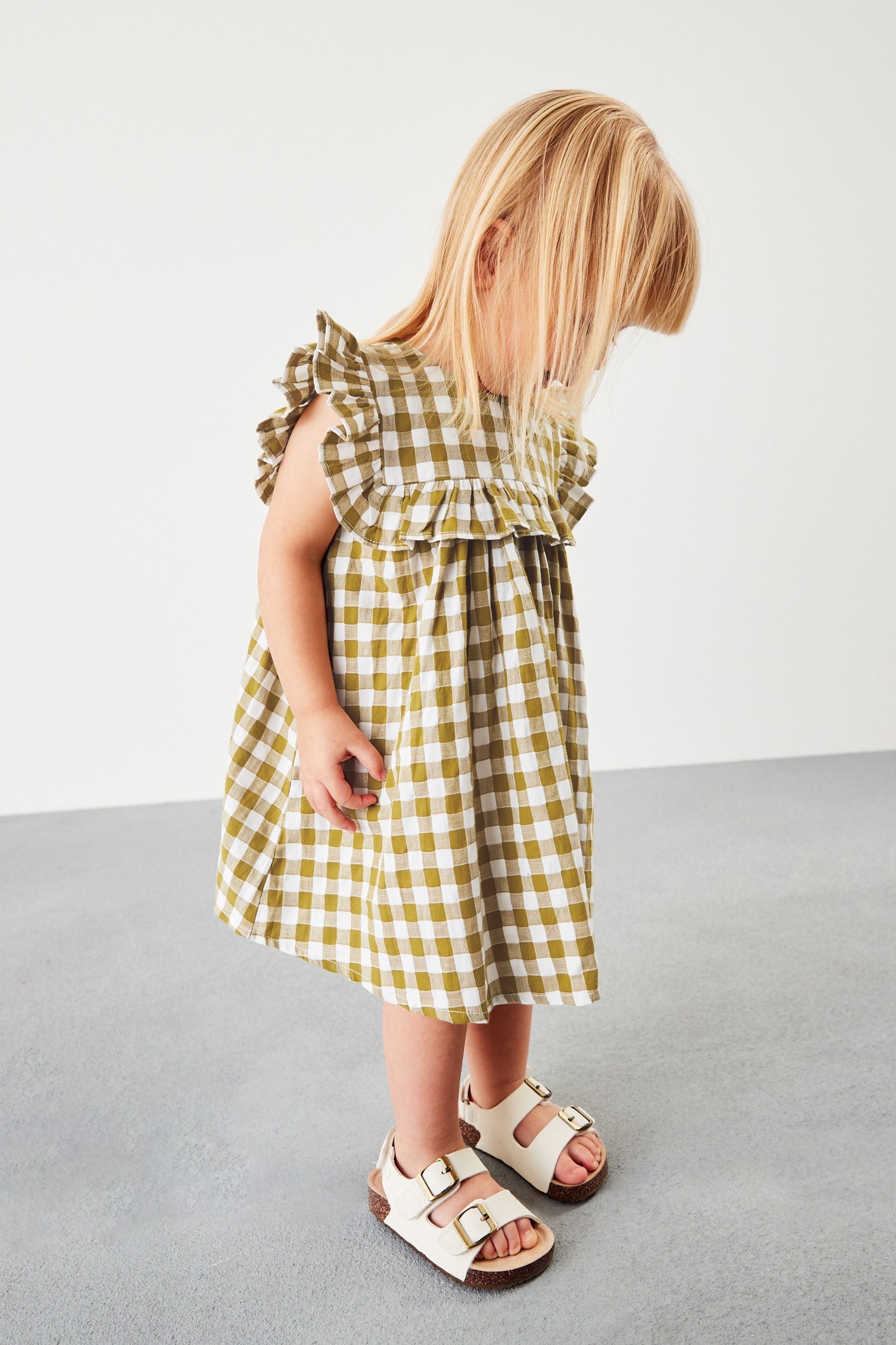 Olive Green Gingham Frill Detail Dress (3mths-8yrs)