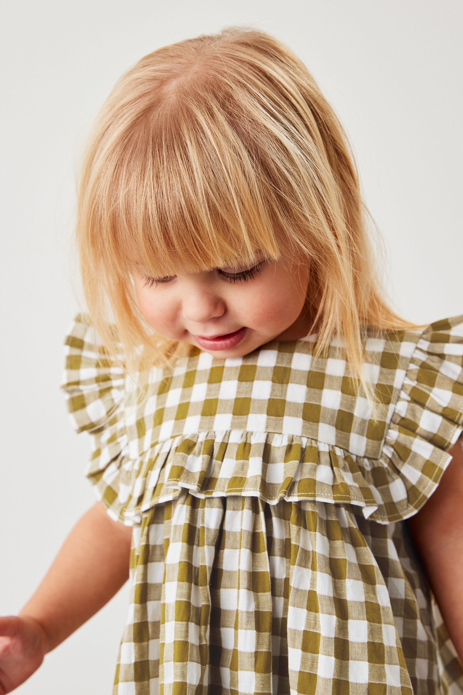 Olive Green Gingham Frill Detail Dress (3mths-8yrs)