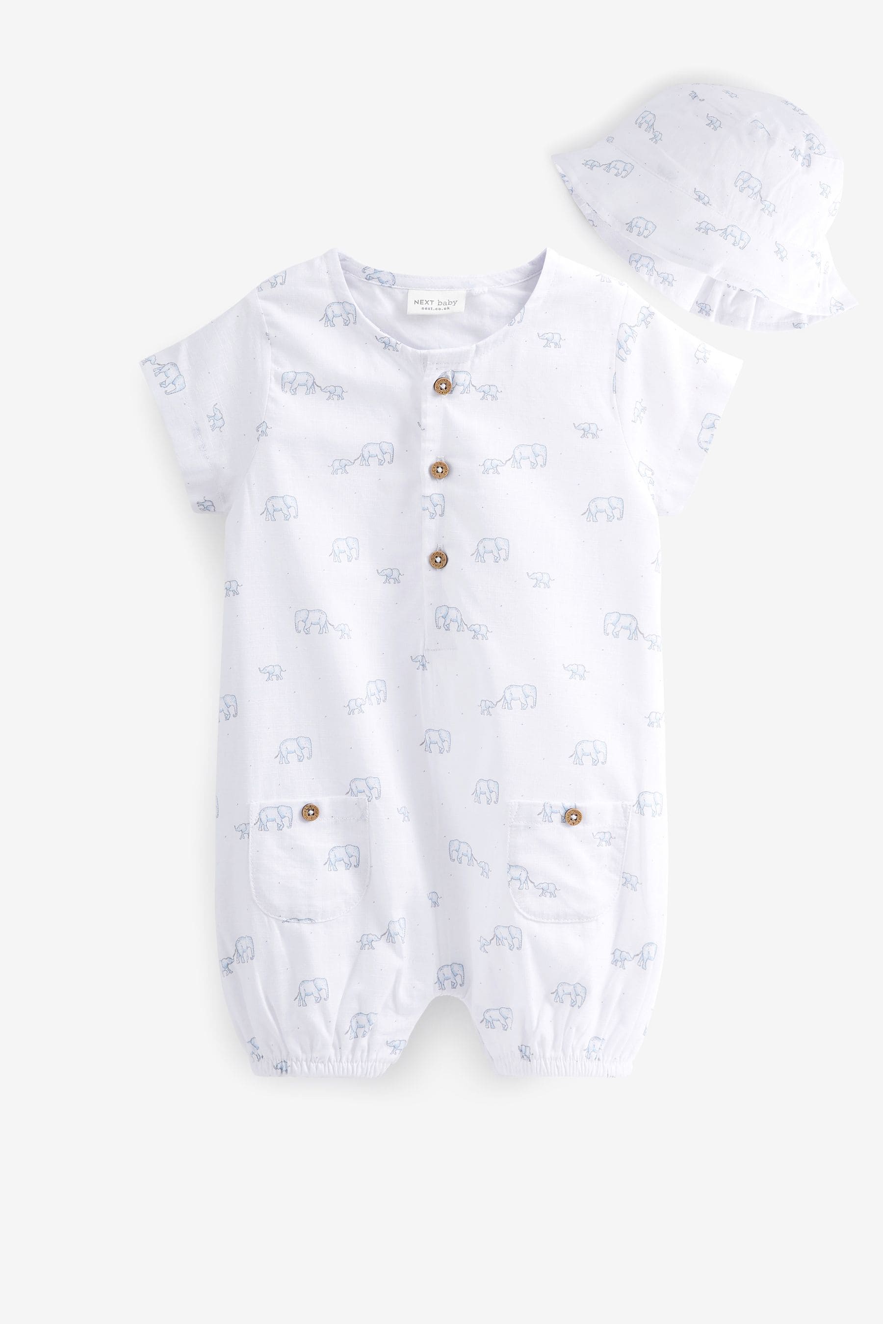 White Elephant Print Baby Romper And Hat 2 Piece Set (0mths-2yrs)