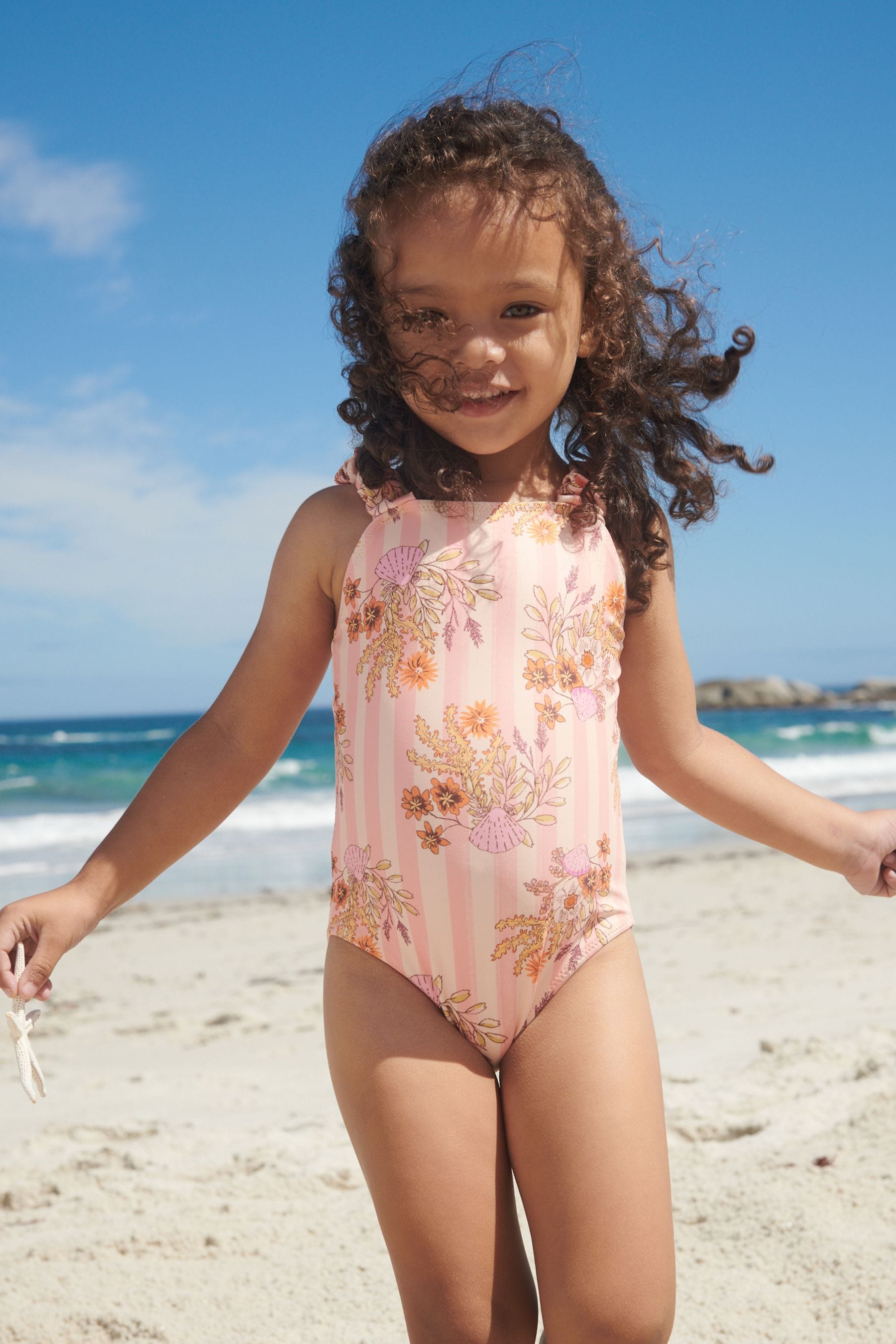 Pink/Orange Floral Ruched Sleeves Swimsuit (3mths-12yrs)