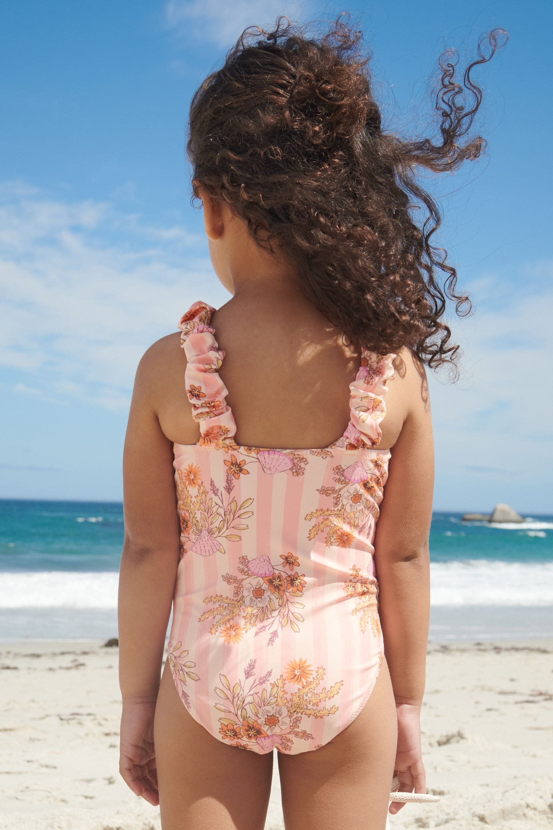 Pink/Orange Floral Ruched Sleeves Swimsuit (3mths-12yrs)